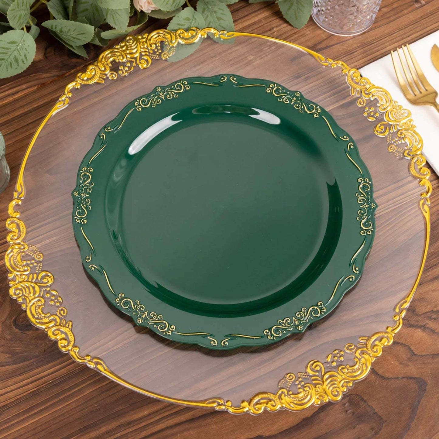 10-Pack Plastic 10" Round Dinner Plates in Hunter Emerald Green with Gold Vintage Embossed Rim - Sturdy Disposable Scalloped Edge Party Plates