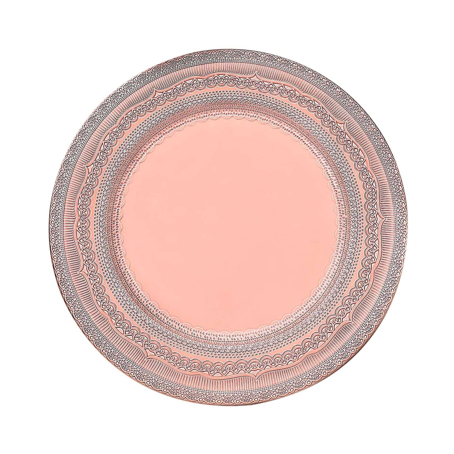 6-Pack Acrylic Round Charger Plates 13" in Rose Gold with Lace Embossed Rim, Rustic Plastic Decorative Charger Tableware