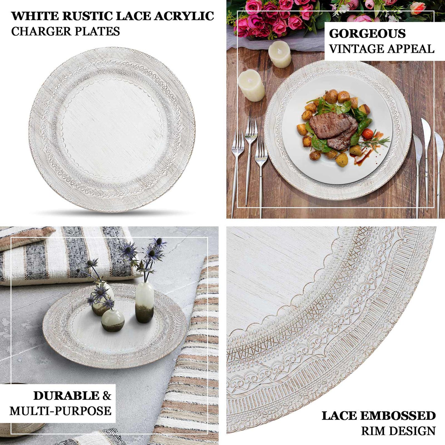 6-Pack Acrylic Round Charger Plates 13" in Gold with Lace Embossed Rim, Rustic Plastic Decorative Charger Tableware