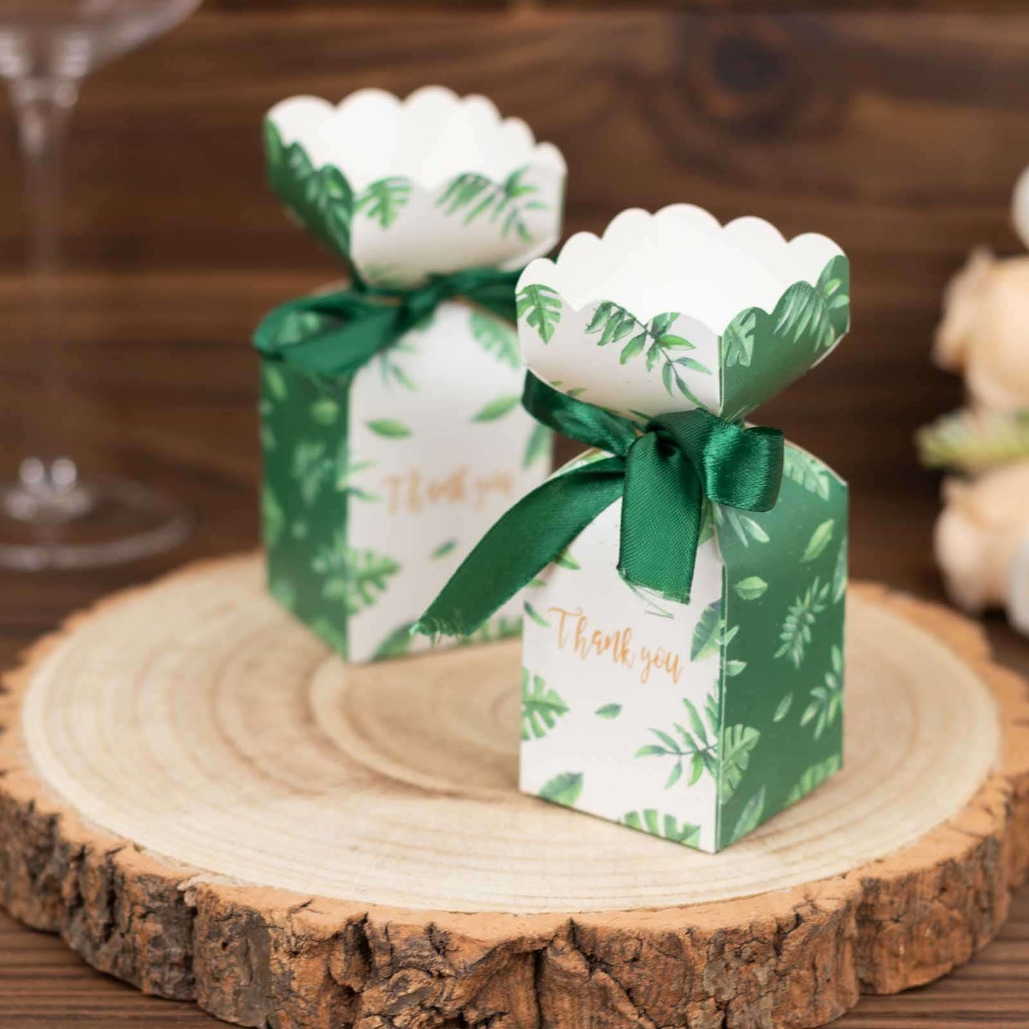 25 Pack White Green Leaf Print Satin Ribbon Candy Gift Boxes With Floral Top, Cardstock Paper Party Favor Boxes - 2"x5"