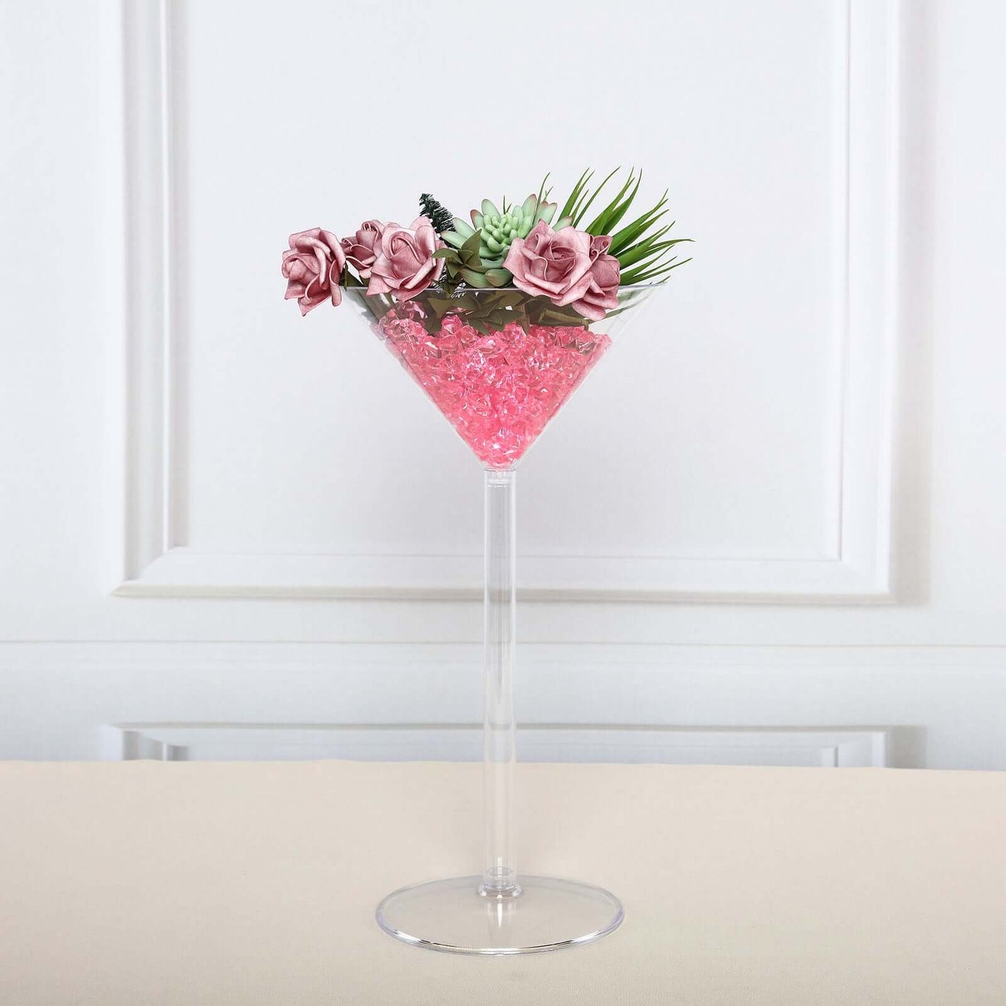 4-Pack Plastic Flower Vases Martini Glass Design Clear - Fillable Long Stem Event Centerpieces 18"