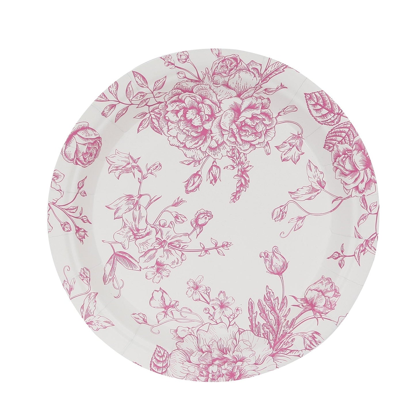 25-Pack Paper 7" Round Dessert Plates in White with Matte Pink French Toile Pattern - Disposable Floral Salad Appetizer Plates