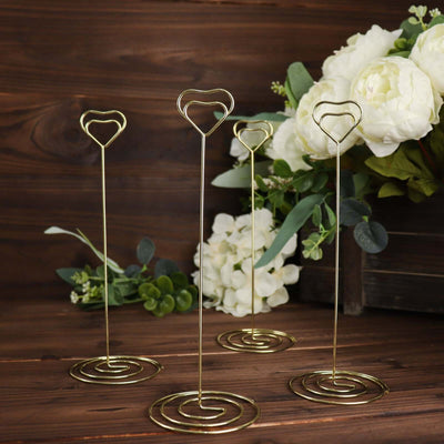 10-Pack Metal Card Holder Stands Heart Design Gold - Table Number Stands and Wedding Place Card Menu Clips 8"