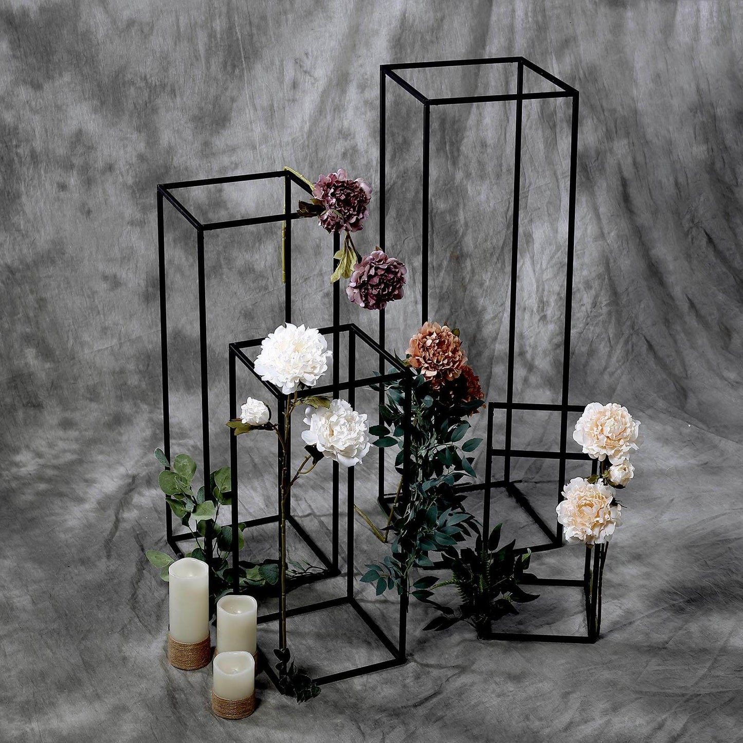 Set of 4 Metal Flower Stands Frame Wedding Column Centerpieces Matte Black - Durable Display 16"/24"/32"/40"