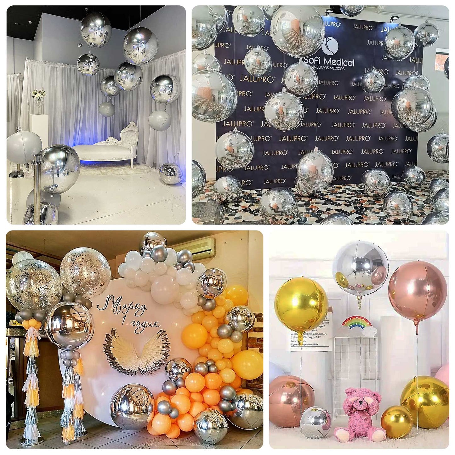 4-Pack 32" Metallic Silver Sphere Balloons, Orbz Mylar Balloons Helium or Air-Filled Party Supplies