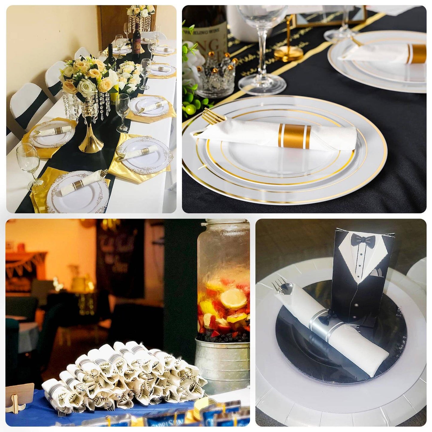 Set of 24 Gold Plastic Silverware with Pre-Rolled White Paper Napkins - Disposable Wrapped Fork, Spoon, and Knife Set