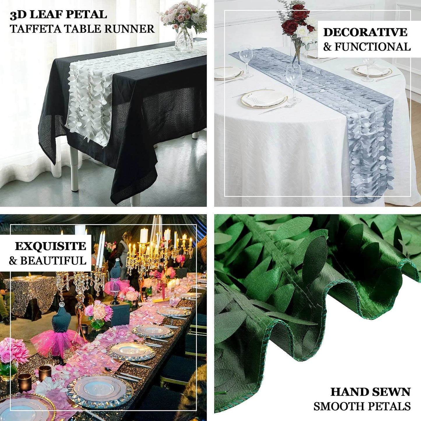 Taffeta Fabric 12"x108" Table Runner Navy Blue - 3D Leaf Petal Design