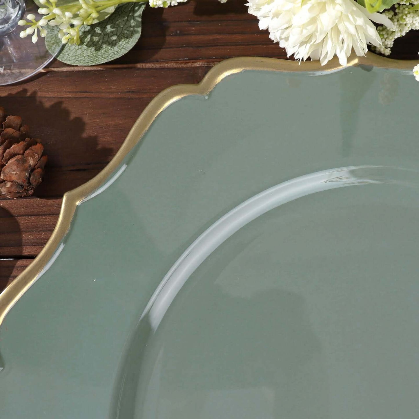 6-Pack Acrylic Round Charger Plates 13" in Olive Green with Gold Scalloped Rim, Decorative Dinner Party Plastic Charger Tableware