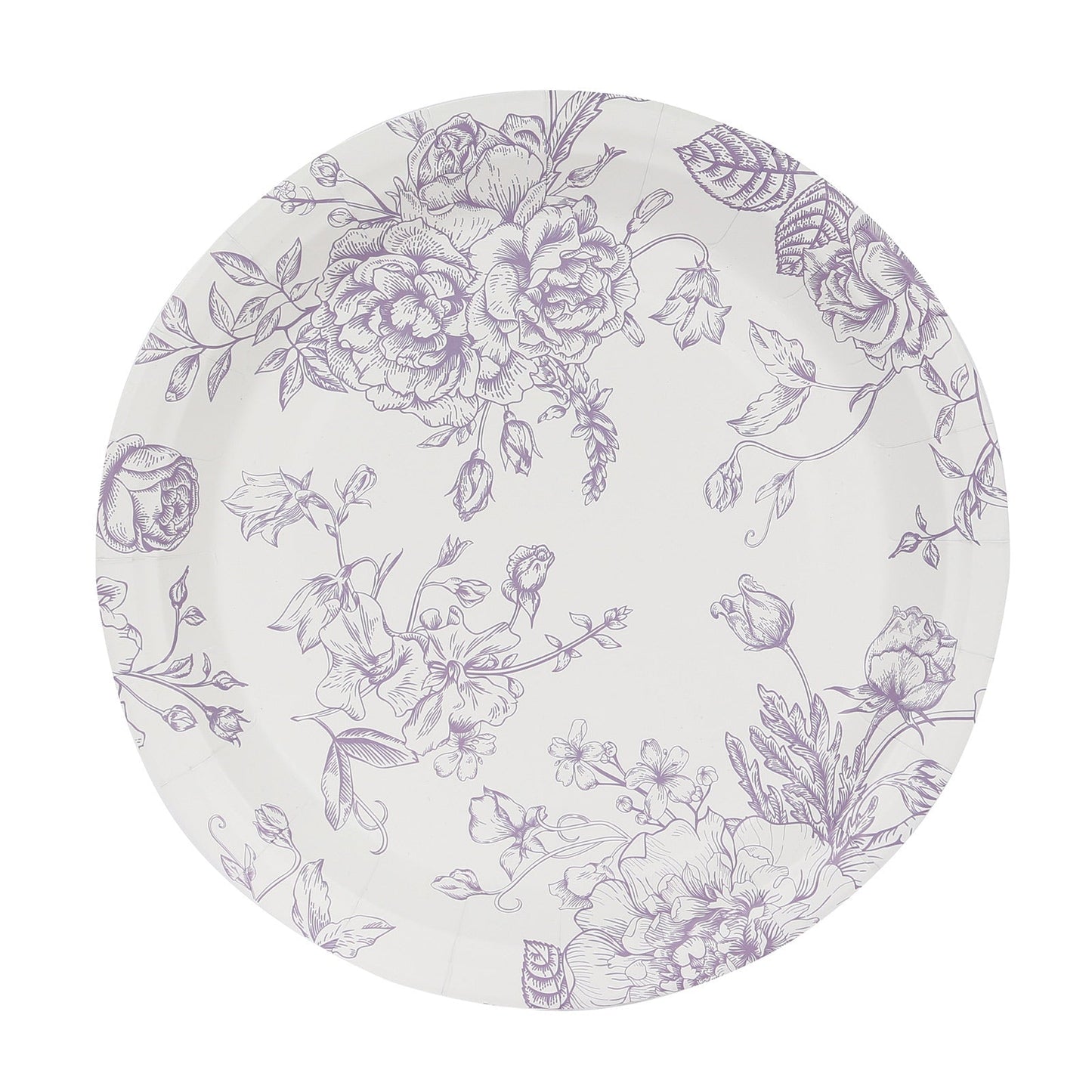 25-Pack Paper 9" Round Dinner Plates in White with Matte Lavender French Toile Pattern - Disposable Floral Party Plates