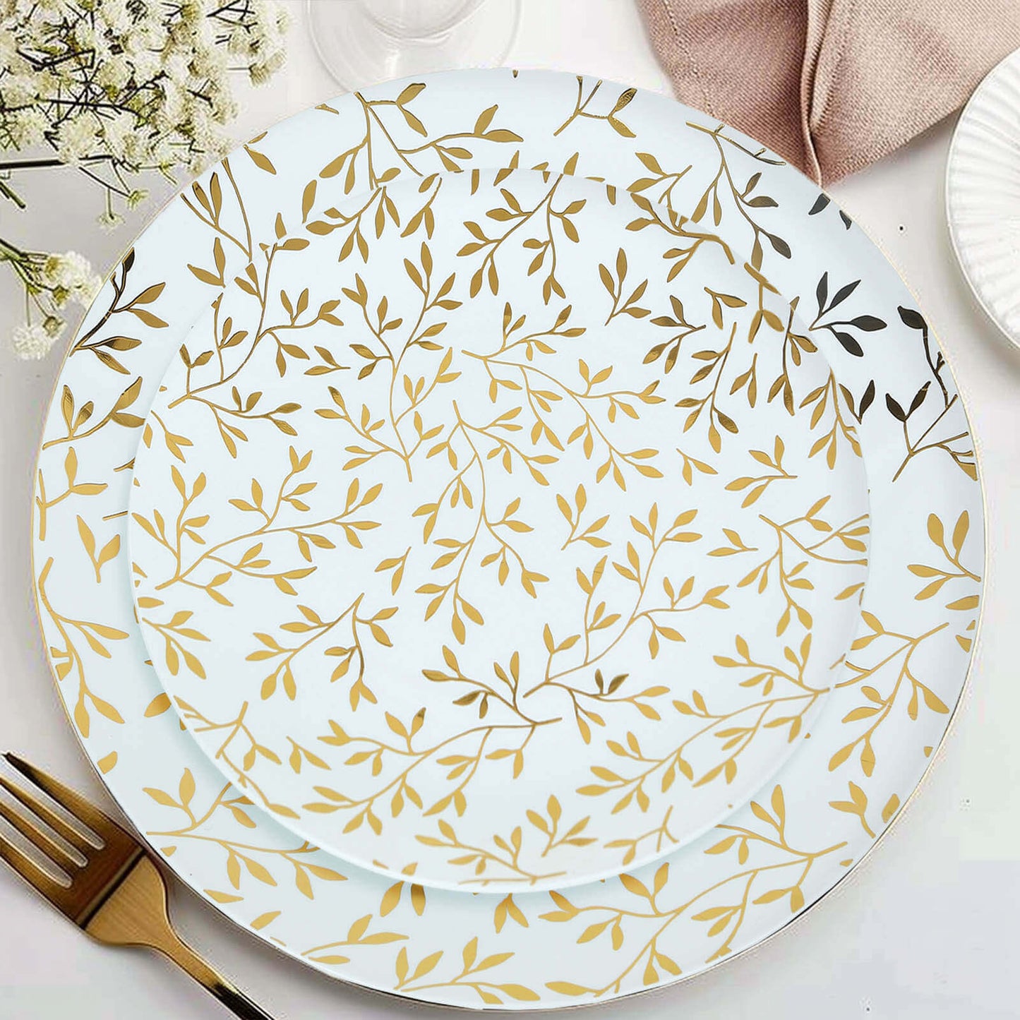 10-Pack Plastic 8" Round Salad Dessert Plates in White with Gold Leaf Design - Heavy Duty Disposable Party Plates for Stylish Events & Memorable Gatherings