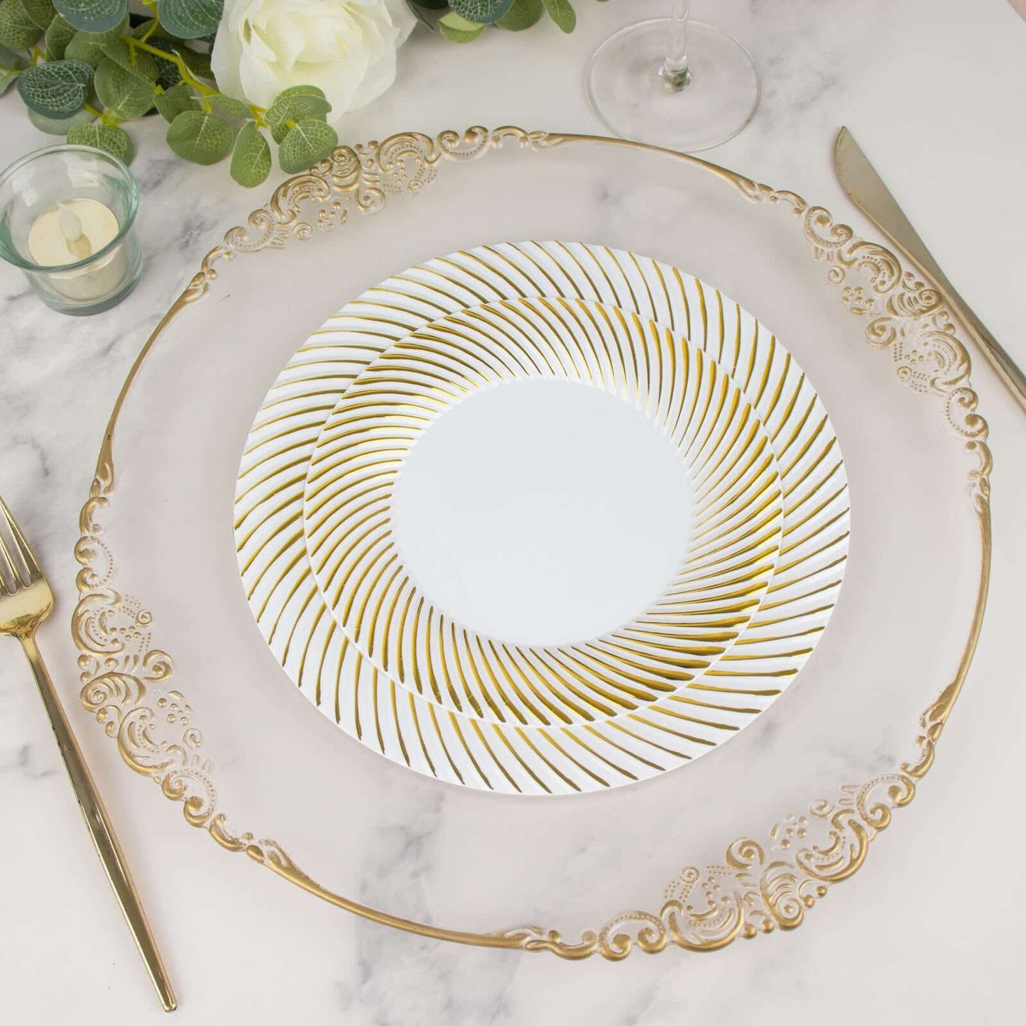 10-Pack Plastic 9" Round Dinner Plates White with Gold Swirl Rim - Disposable Party Plates