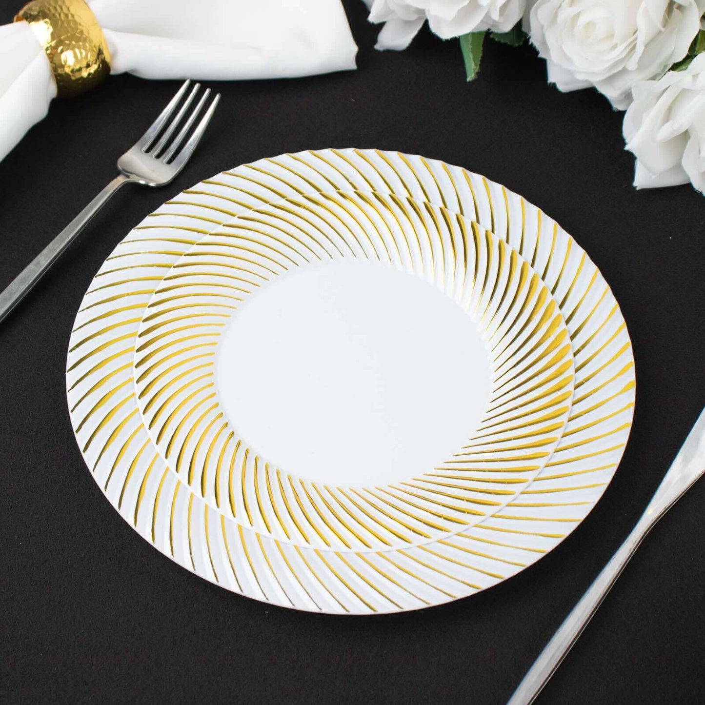 10-Pack Plastic 9" Round Dinner Plates White with Gold Swirl Rim - Disposable Party Plates