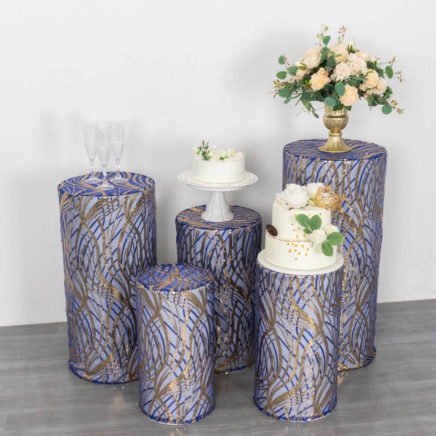 Set of 5 Royal Blue Wave Mesh Cylinder Pedestal Stand Covers with Embroidered Sequins, Pillar Prop Covers - 160 GSM