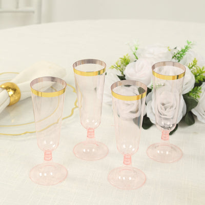 12-Pack Plastic Champagne Flutes Transparent Blush with Gold Rim - Stylish Disposable Cocktail Glasses for Parties 5oz 6"