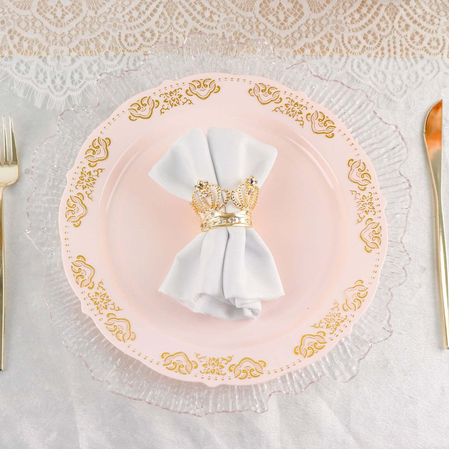 10-Pack Plastic 10" Round Dinner Plates in Blush with Gold Embossed Scalloped Edge - Chic Disposable Party Plates for Special Occasions & Banquets