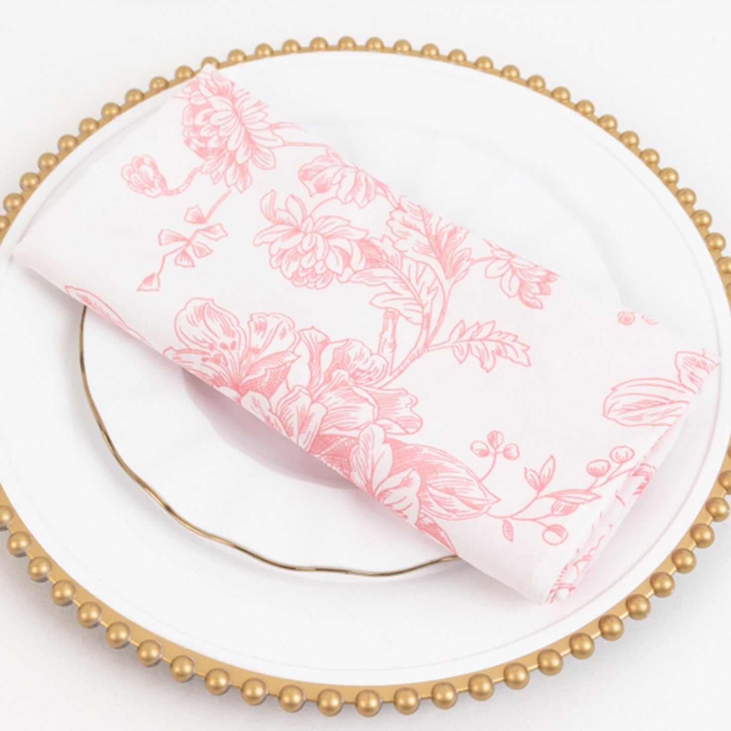 5 Pack Polyester 20"x20" Dinner Napkins White with Pink French Toile Pattern - Reusable Floral Cloth Napkins