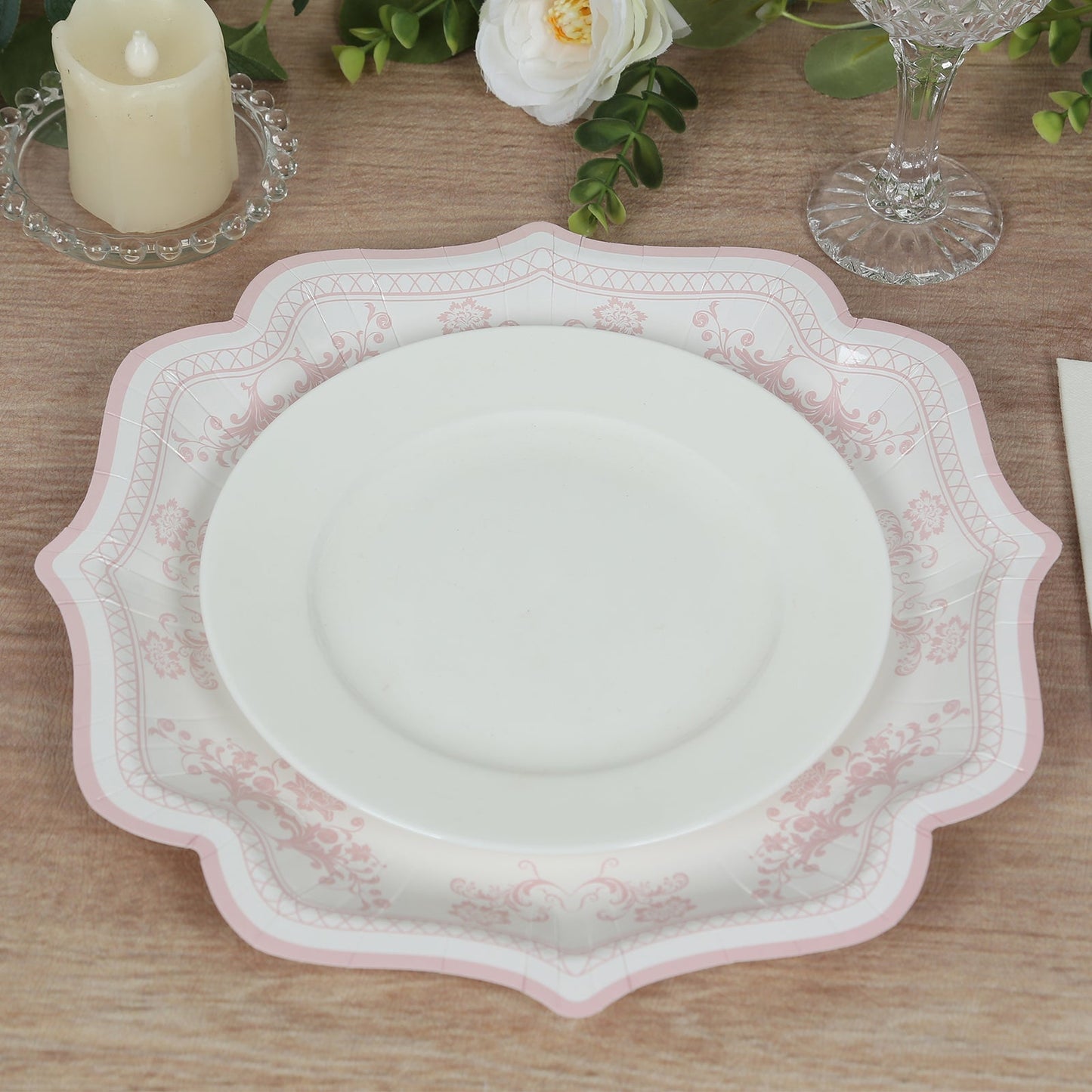 25-Pack Paper Dinner Plates in White Pink Damask Floral Pattern & Scallop Rim - Stylish Disposable 300GSM Floral Party Plates 10"
