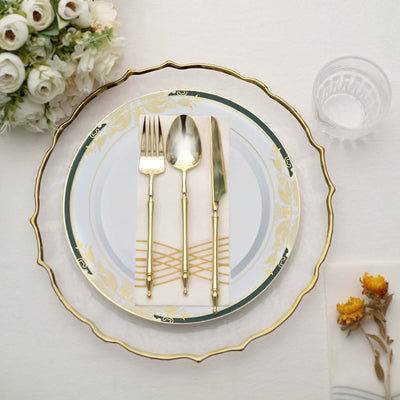 10-Pack Plastic 10" Round Dinner Plates in White with Hunter Emerald Green Rim for Events