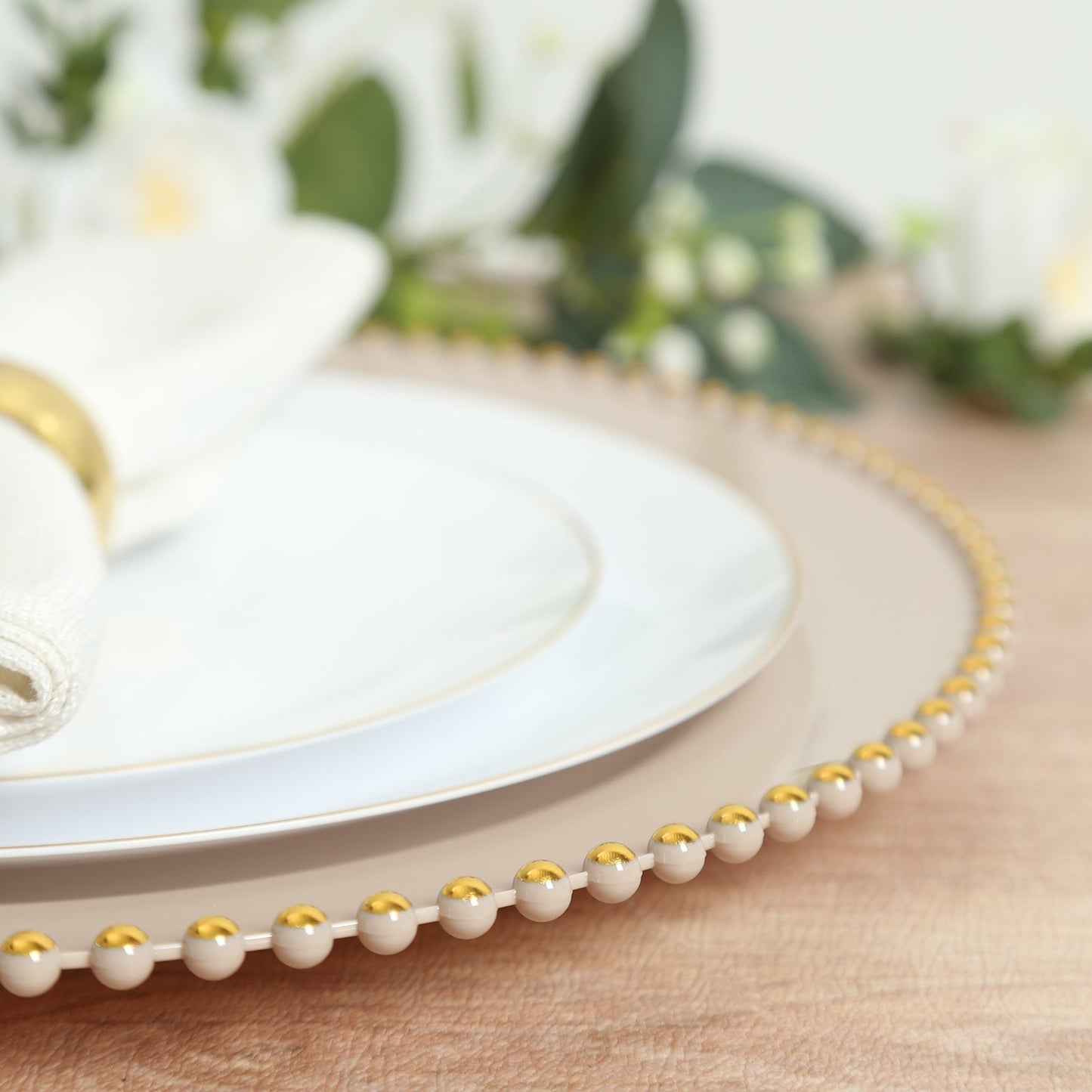 10-Pack Economy Round Plastic Charger Plates 13" in Taupe with Gold Beaded Rim, Stylish Dinner Party Serving Plates