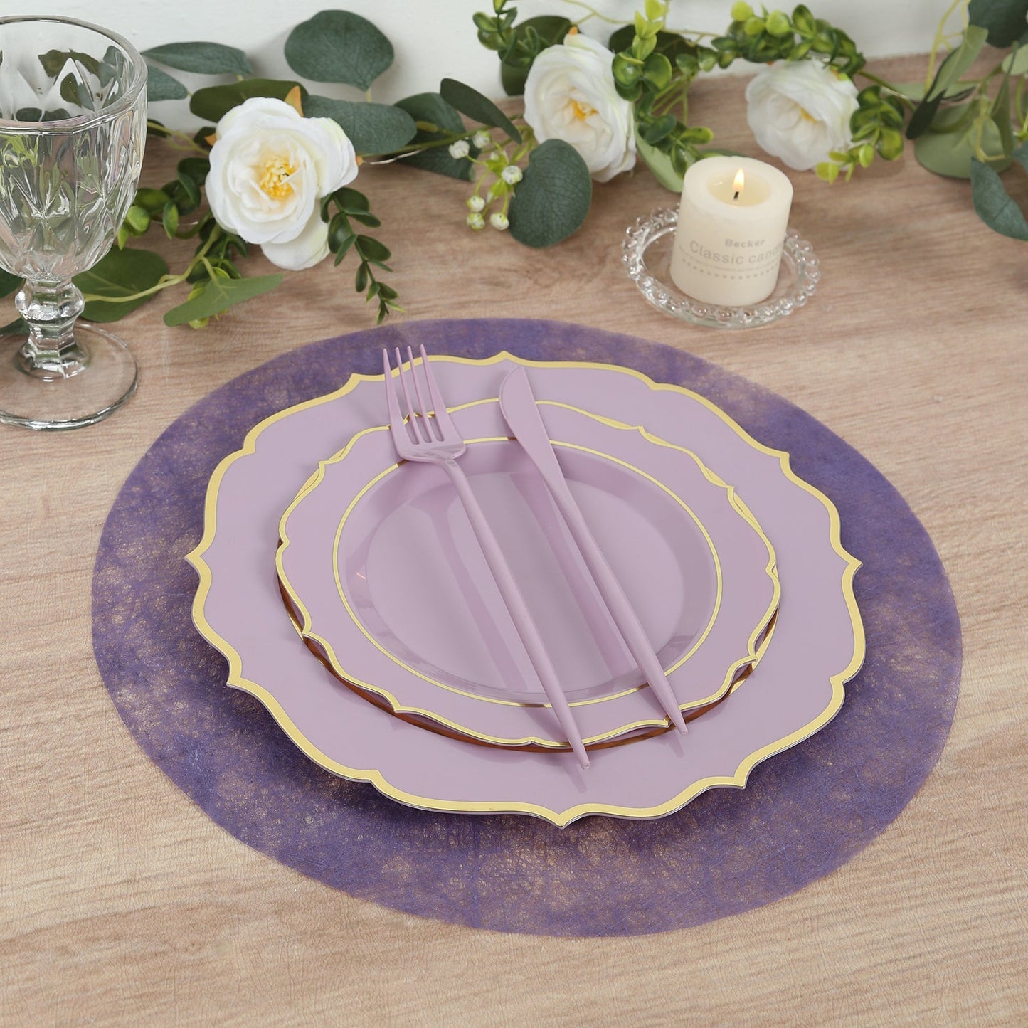 50 Pack Disposable Lavender Lilac Placemats, 13" Non-Woven Mesh Fiber Round Table Mats for Dining & Events