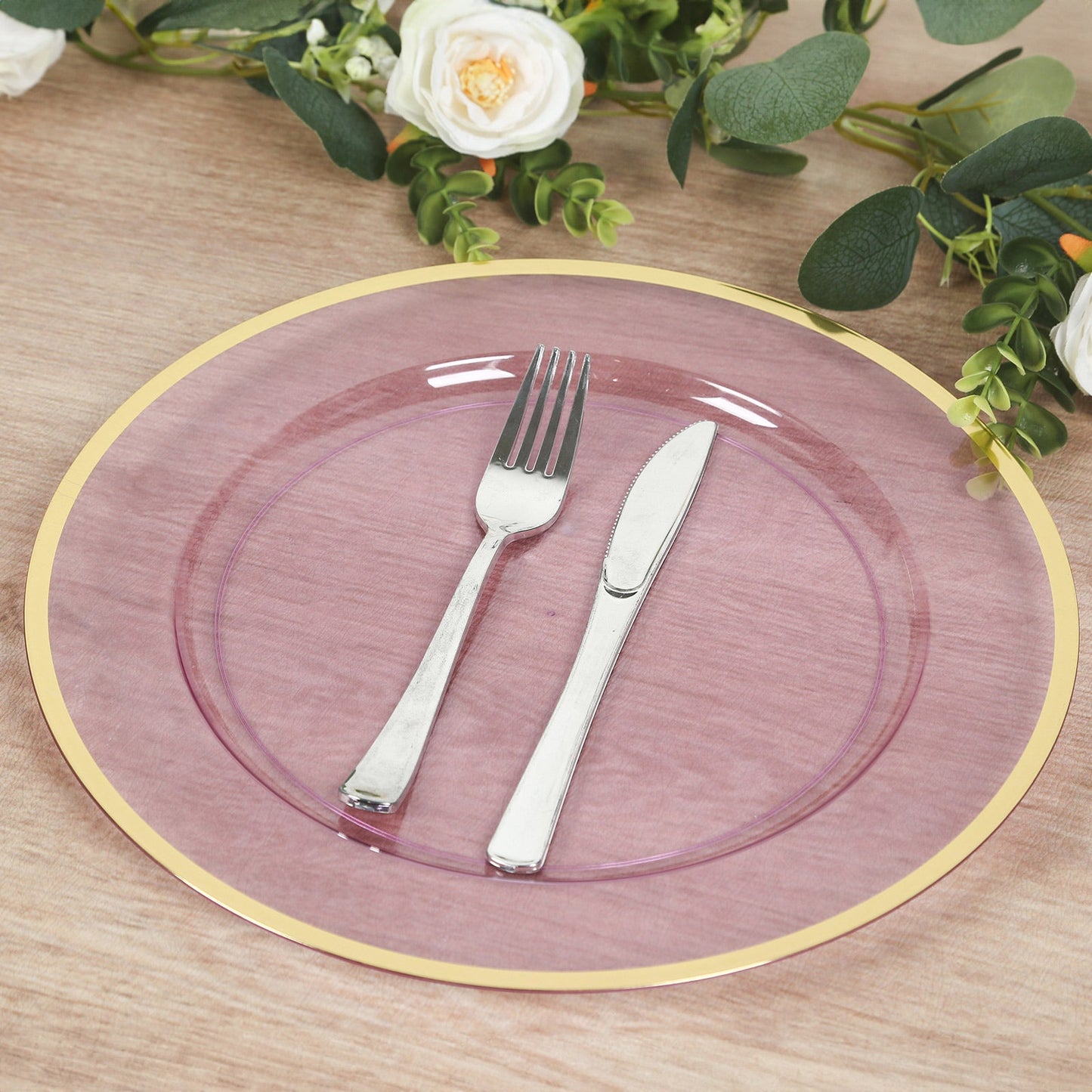 10 Pack Purple Economy Plastic Charger Plates With Gold Rim, 12" Round Transparent Dinner Chargers Event Tabletop Decor