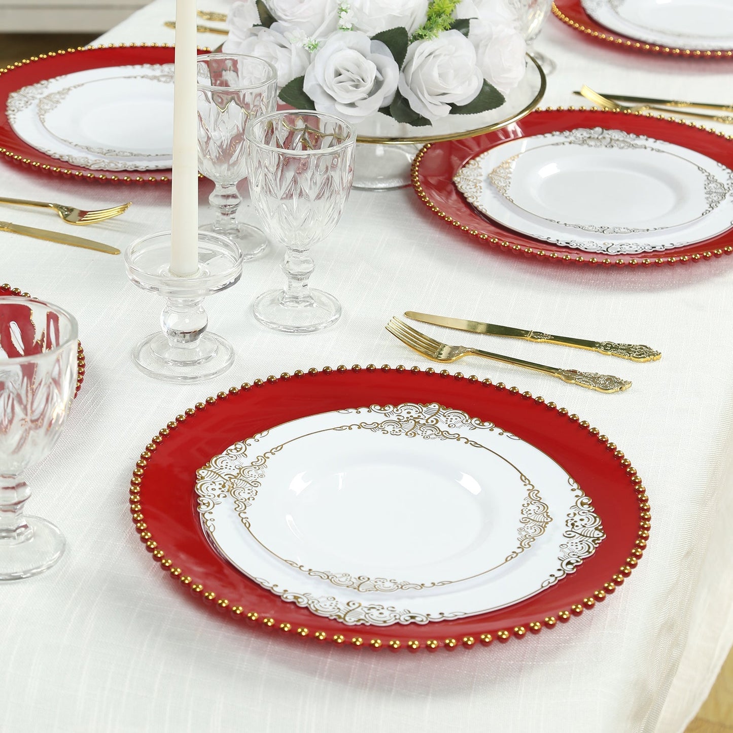 10-Pack Economy Round Plastic Charger Plates 13" in Red with Gold Beaded Rim, Stylish Dinner Party Serving Plates
