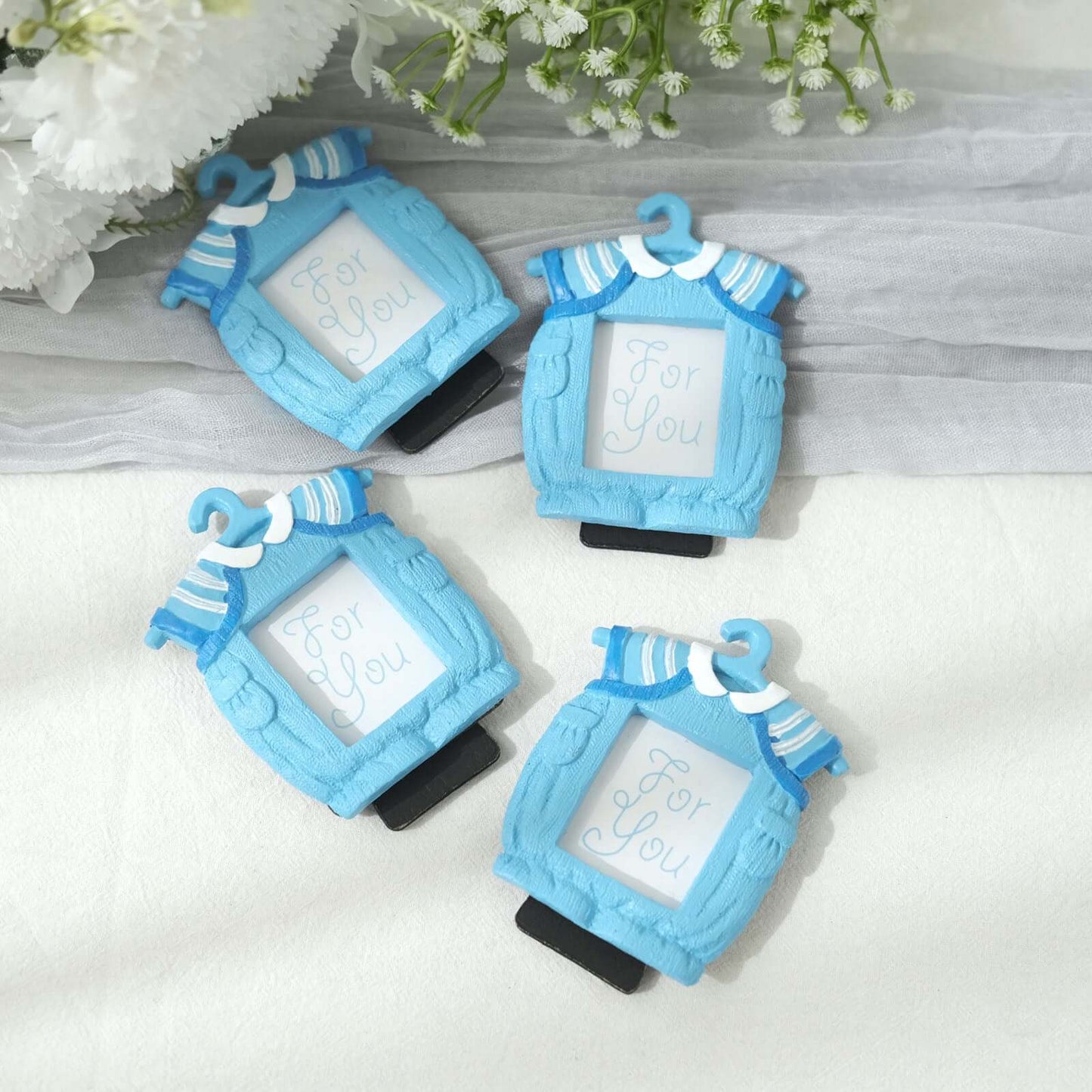 4 Pack Cute 4" Newborn Baby Boy Light Blue Clothes Resin Party Favors Picture Frame, Baby Shower Gender Reveal Party Gifts
