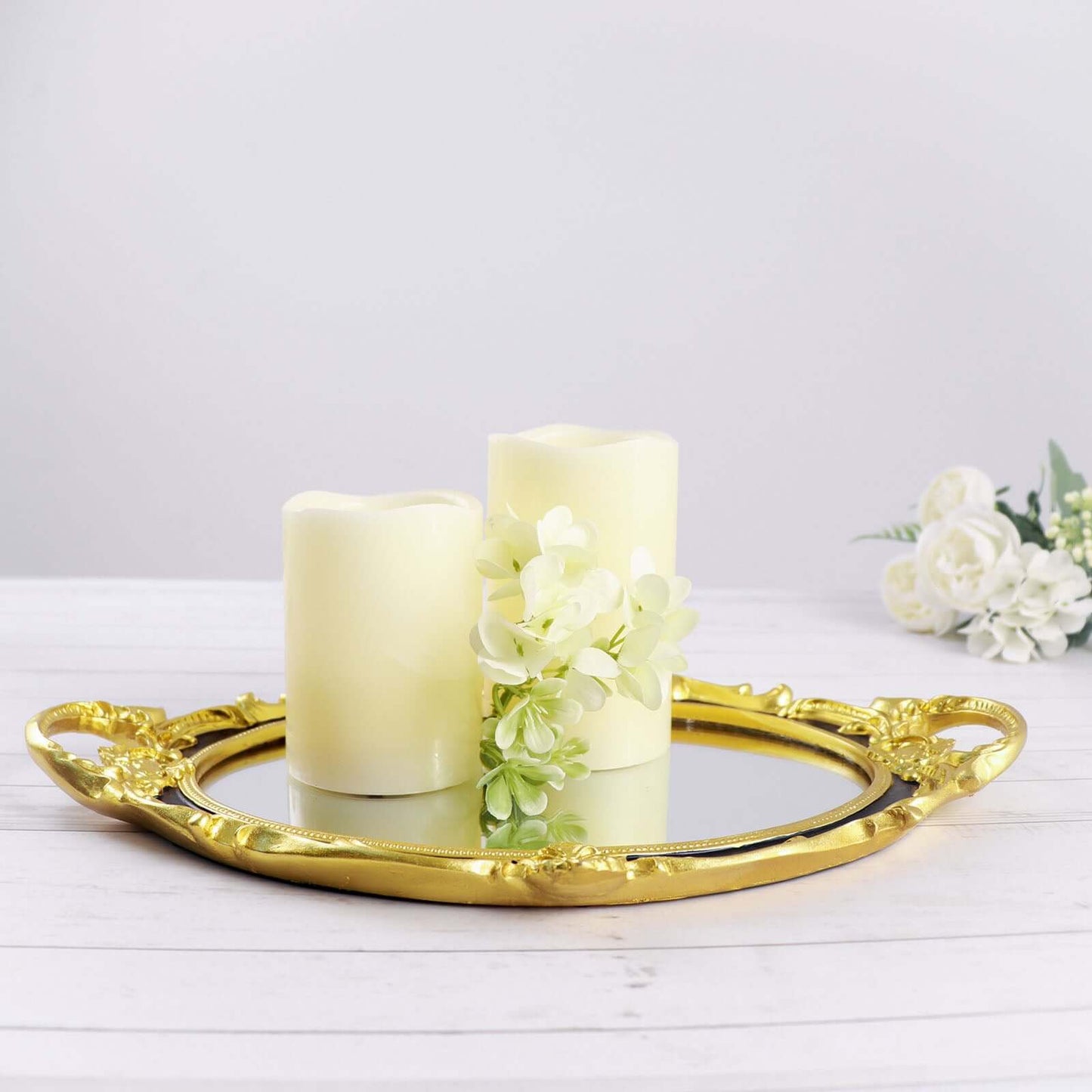 Resin Mirrored Vanity Oval Serving Tray 14"x10" in Black with Metallic Gold Baroque Design, Stylish Decorative Vanity Tray Centerpiece