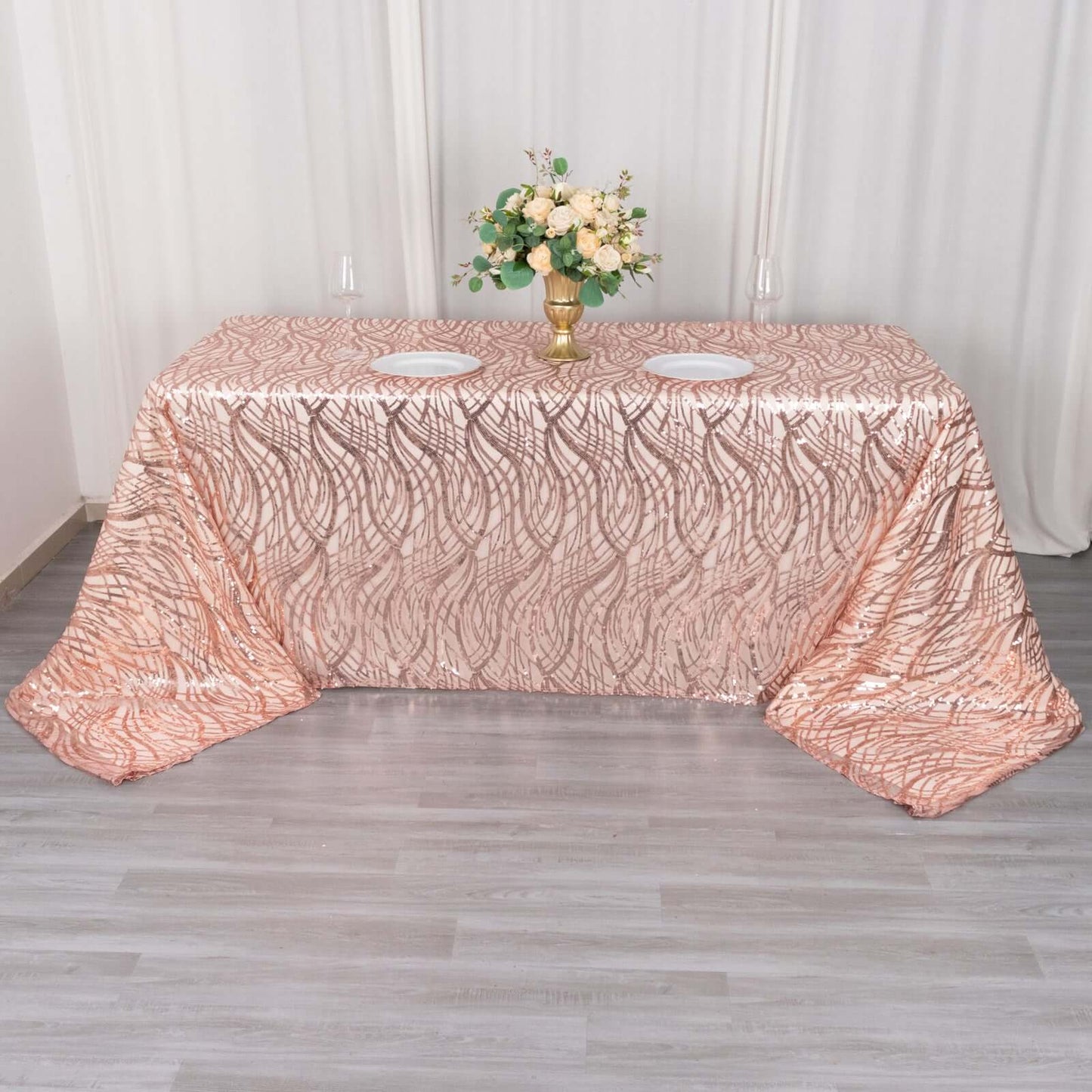 Mesh 90"x156" Rectangle Tablecloth Rose Gold - Wave Sequin Embroidered Table Cover