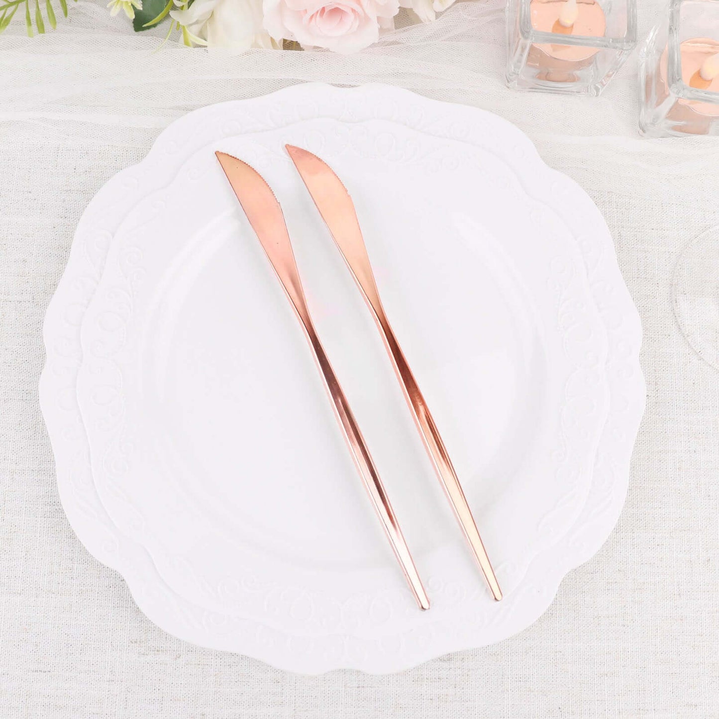 24-Pack Plastic Knives Glossy Rose Gold - Premium Heavy Duty Disposable Flatware Cutlery 8"