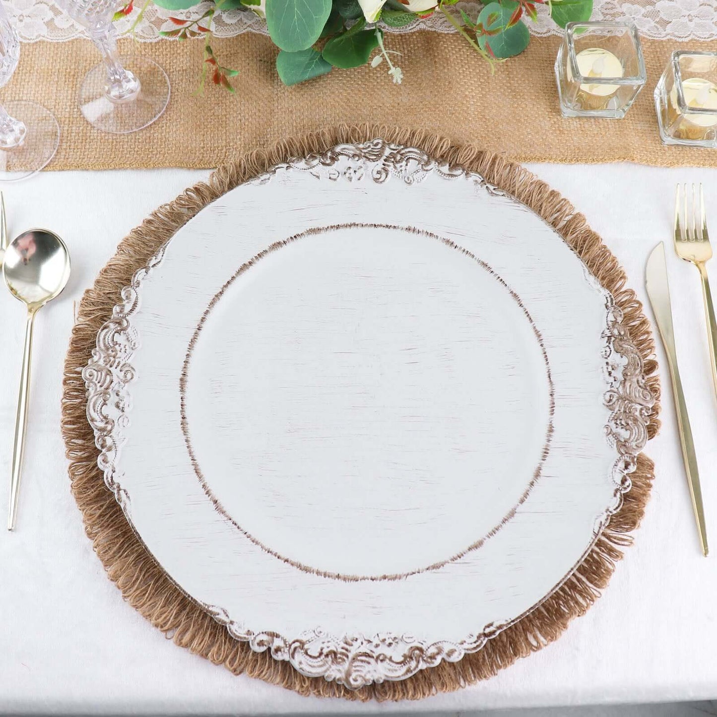 4-Pack Placemats Fringed Edge Design Natural Rustic Burlap Jute Round - Farmhouse Style Table Mats with Trim 15"