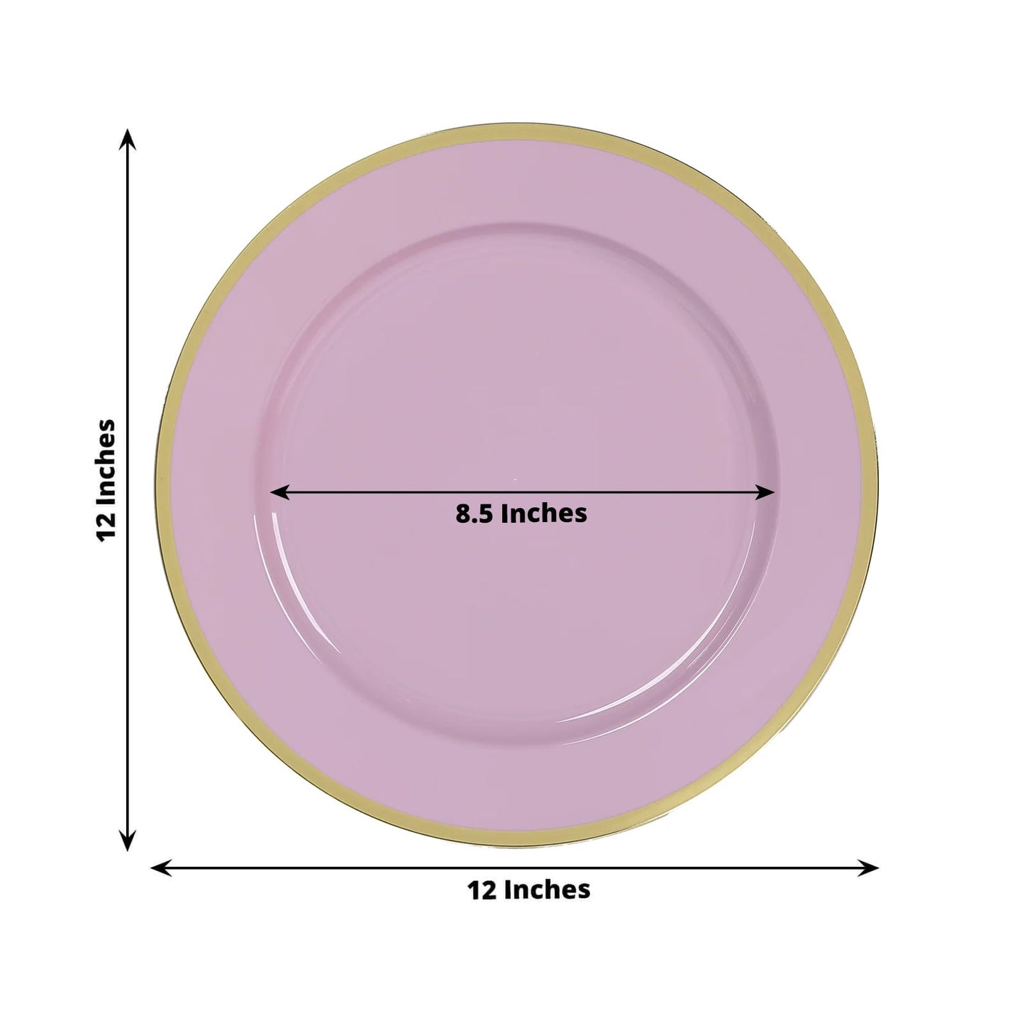 10-Pack Economy Plastic Round Charger Plates 12" in Lavender Lilac with Wide Gold Rim, Decorative Dinner Party Serving Plates