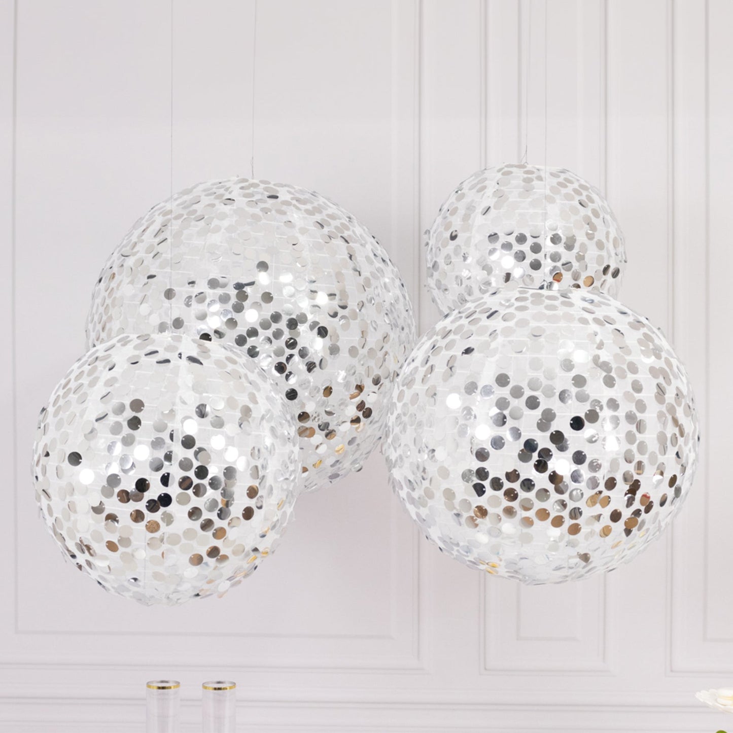 Set of 4 Glitter Silver Payette Sequin Hanging Lanterns, Large Decorative Round Foldable Fabric Chinese Lantern Lampshades - 12",14",16",20"