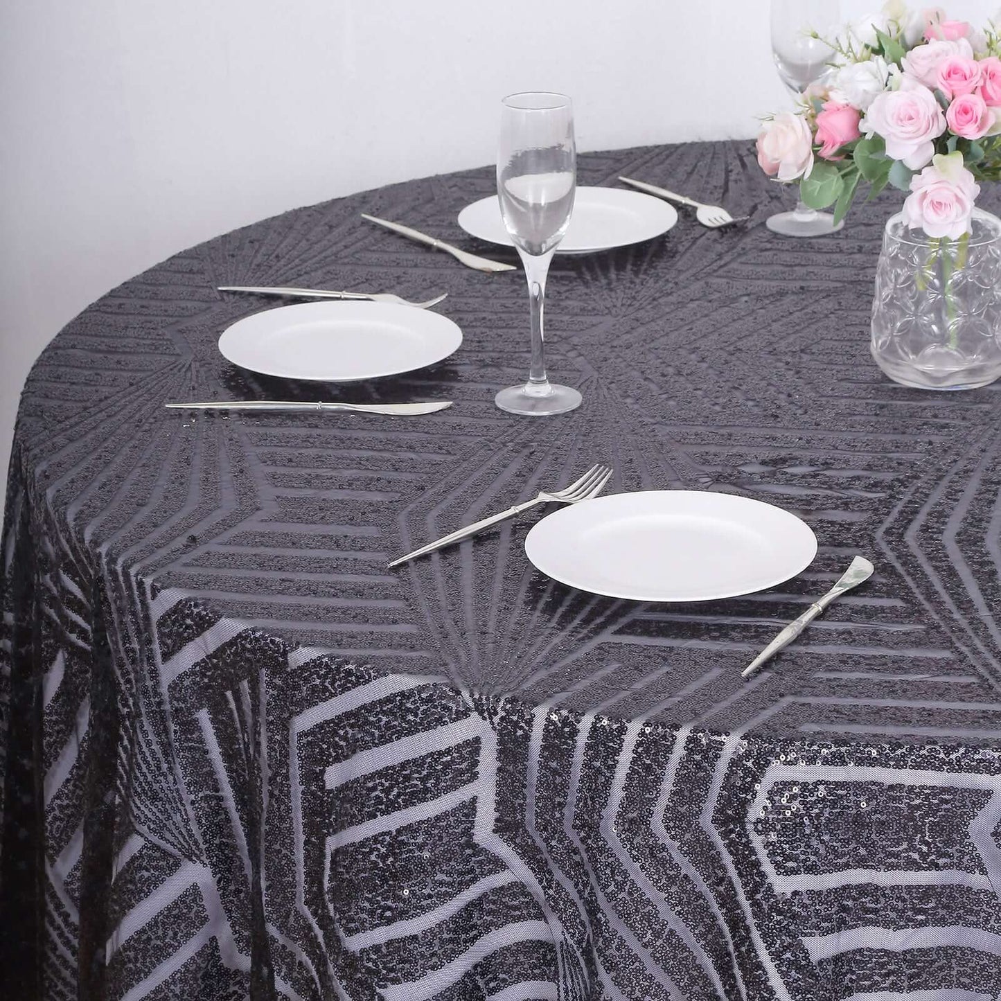 Sequin 120" Round Tablecloth Black - Seamless Diamond Glitz Table Cover