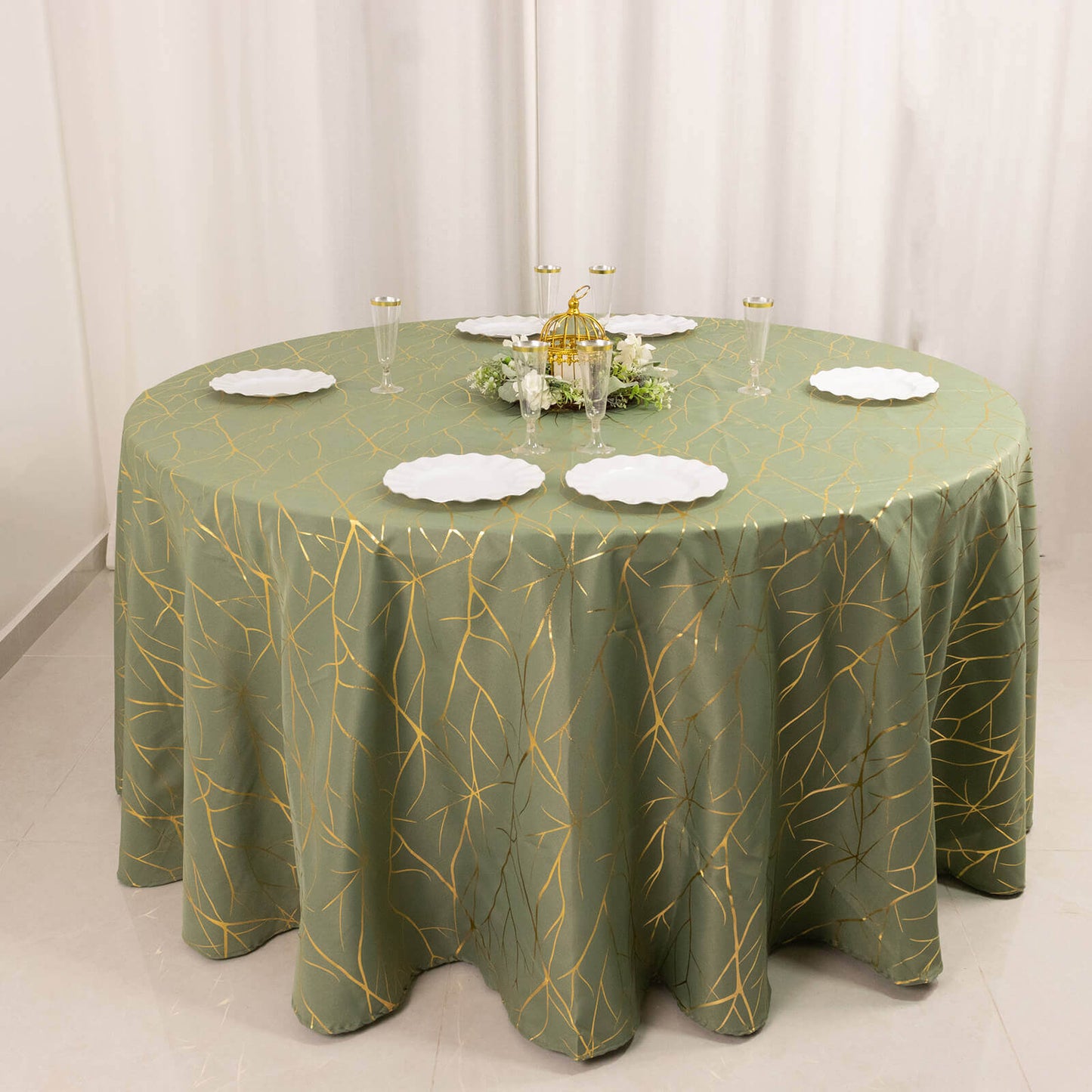 Polyester 120" Round Tablecloth Dusty Sage Green with Gold Foil Tree Branch Pattern - Wrinkle-Resistant Seamless Table Cover for Classy Events