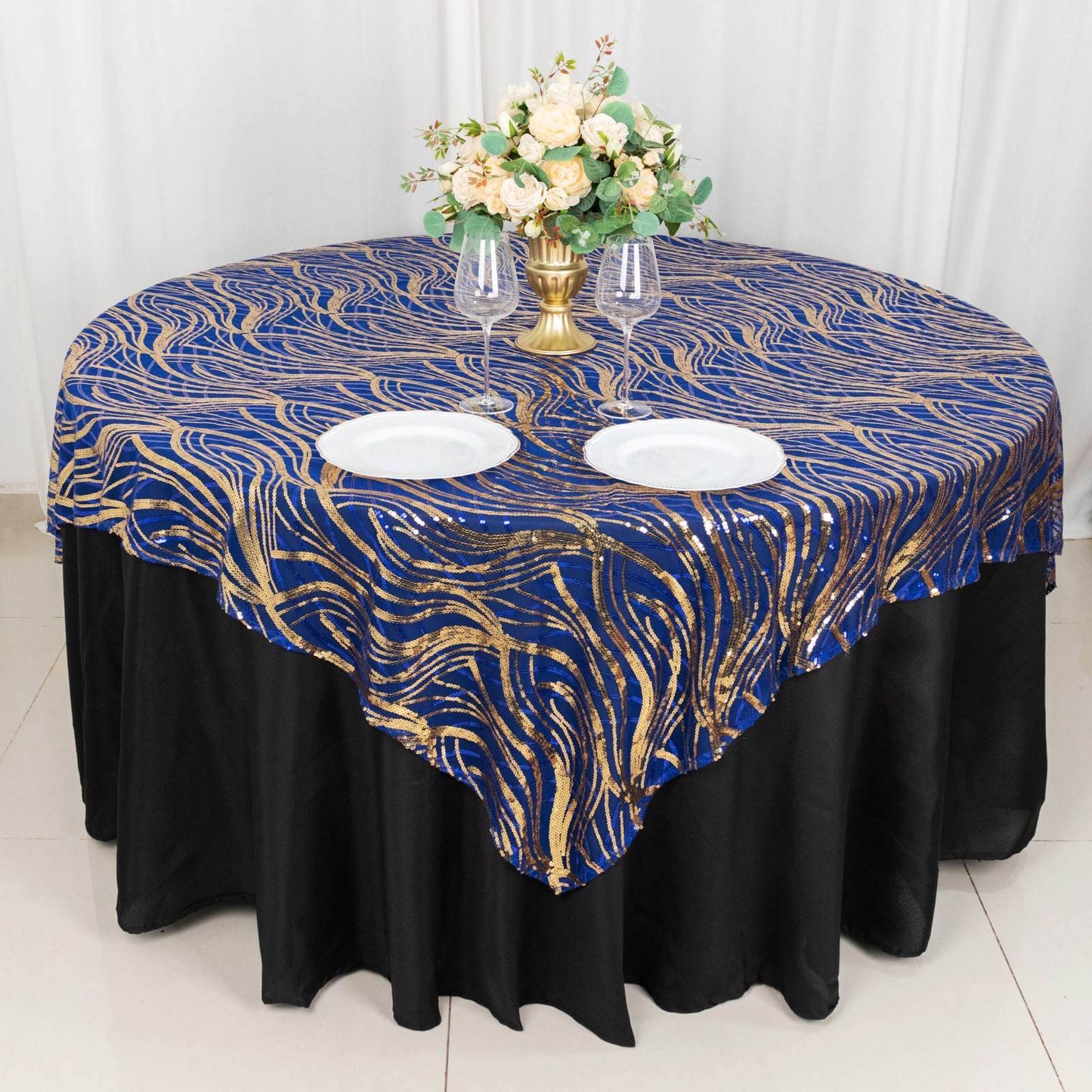 Mesh 72"x72" Table Overlay Square Tablecloth Royal Blue - Wave Embroidered Sequins Table Topper