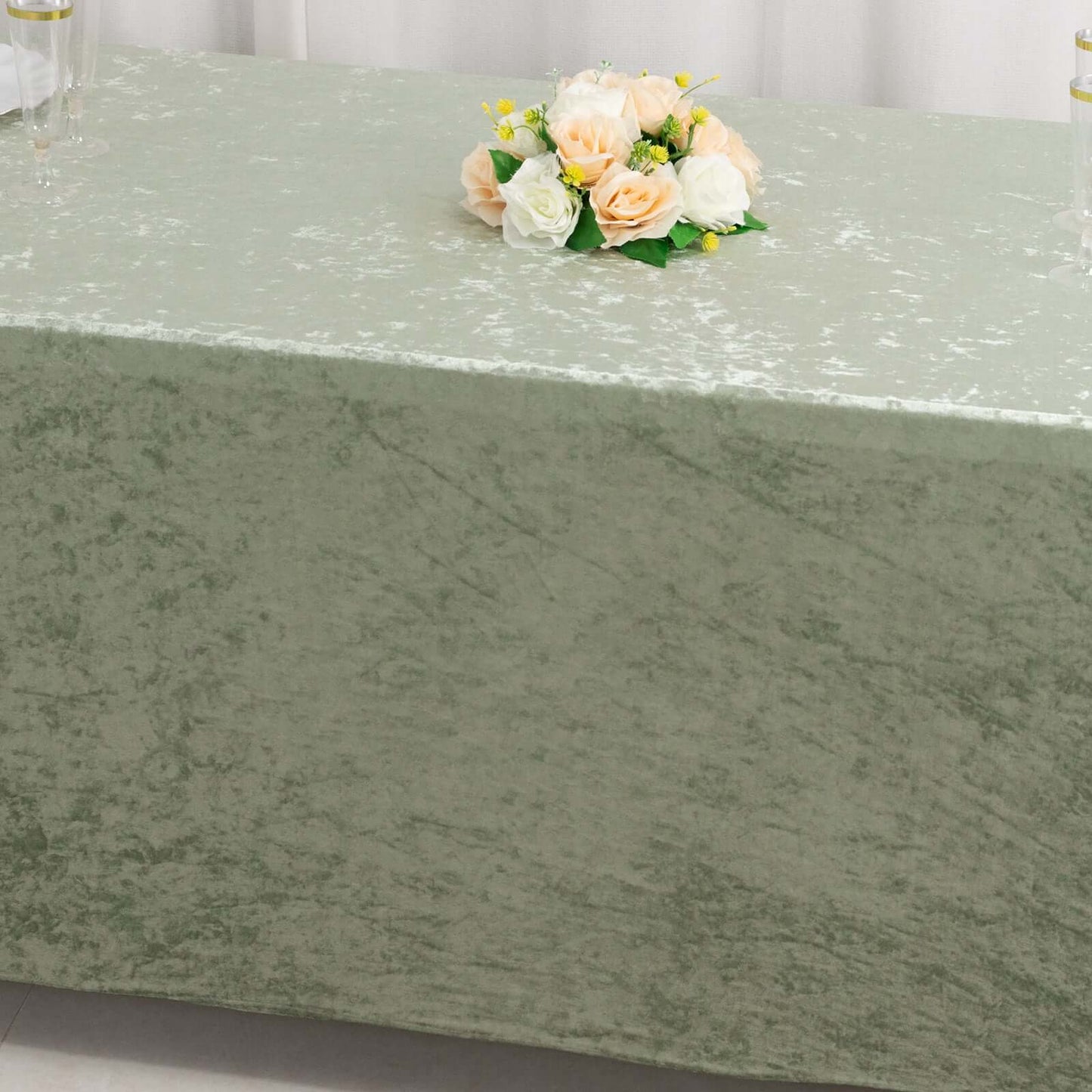Crushed Velvet Fitted Rectangular 6ft Table Cover Sage Green - Wrinkle-Free Stretchy Tablecloth
