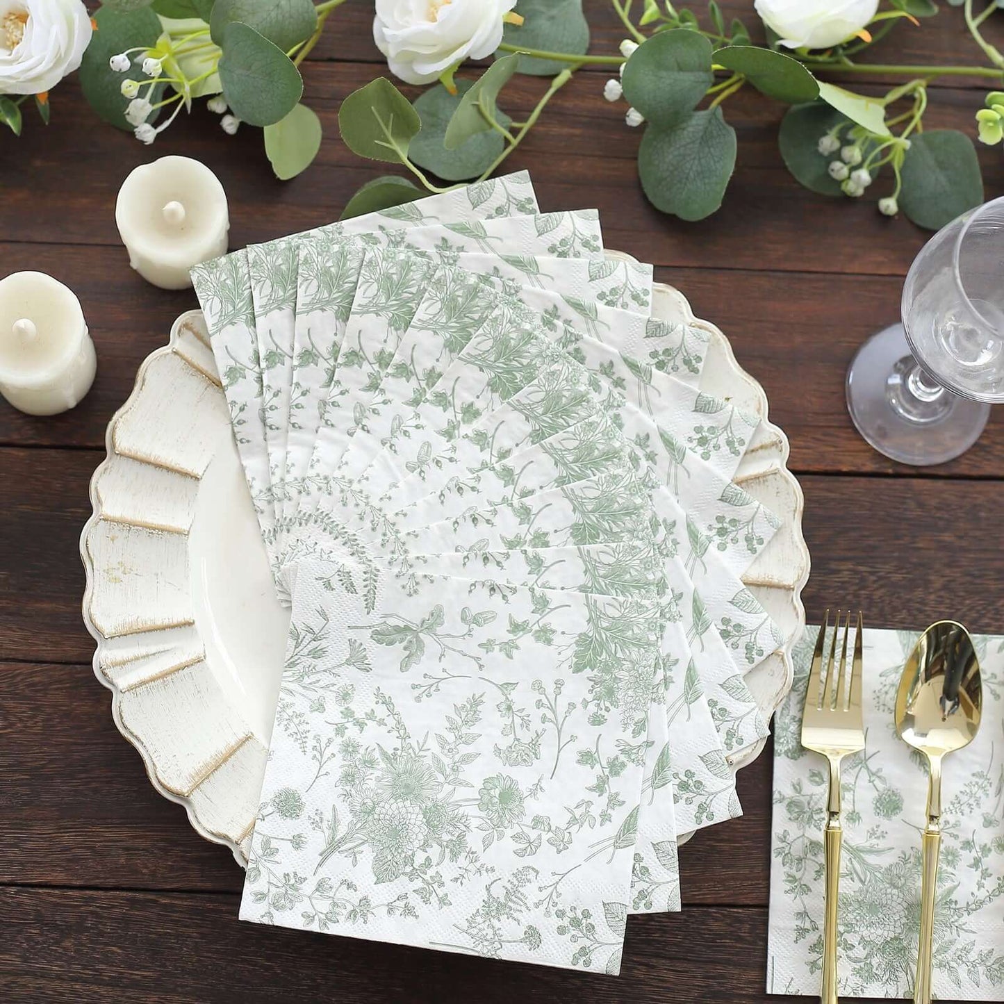 20-Pack Paper Cocktail Napkins with French Toile Print White/Sage Green - Disposable 2 Ply Beverage Napkins for Events 6.5"x6.5"
