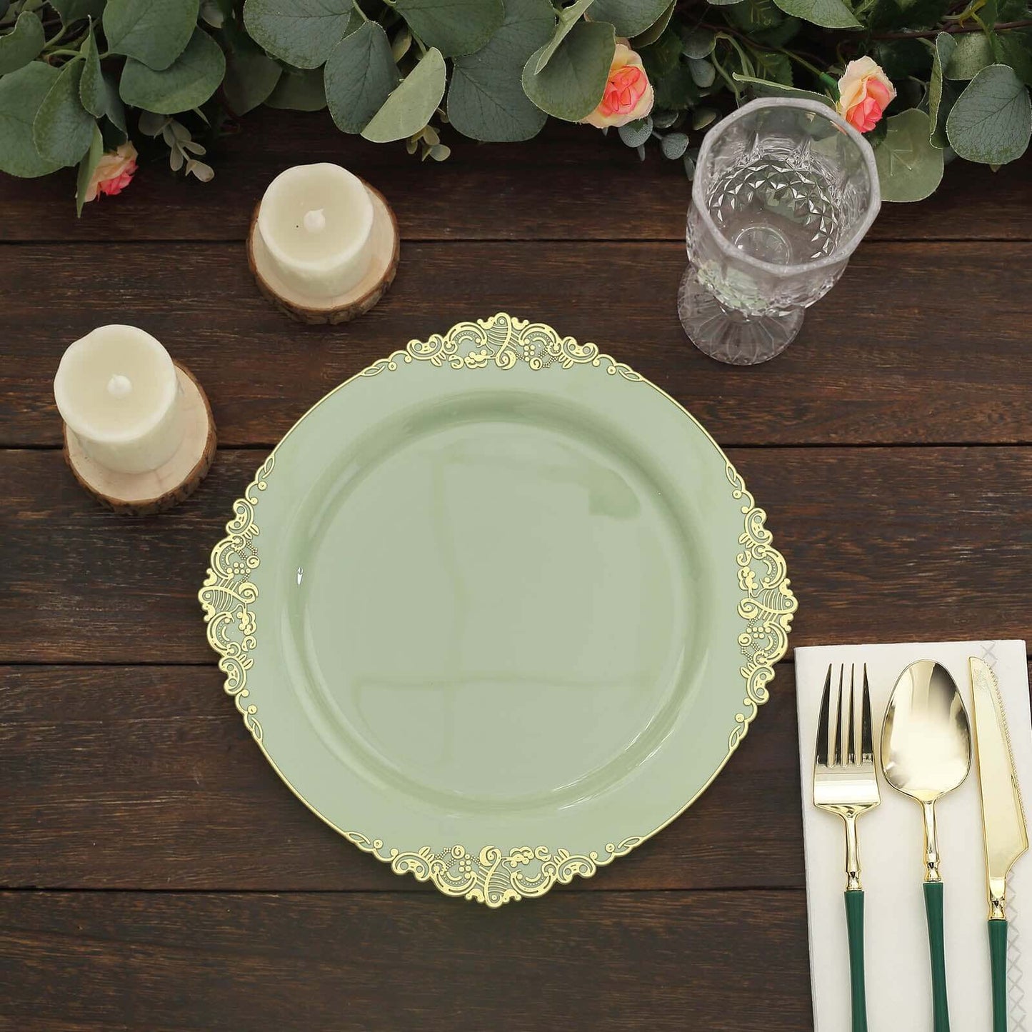 10-Pack Plastic 10" Round Dinner Plates in Sage Green with Gold Leaf Embossed Rim - Disposable Vintage Baroque Style Plates