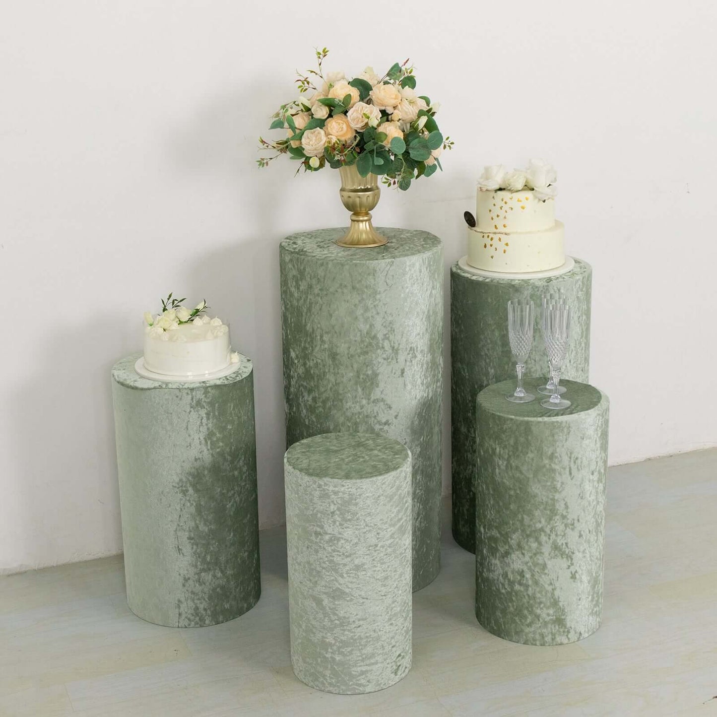 Set of 5 Sage Green Crushed Velvet Cylinder Pedestal Stand Covers, Premium Pillar Prop Covers