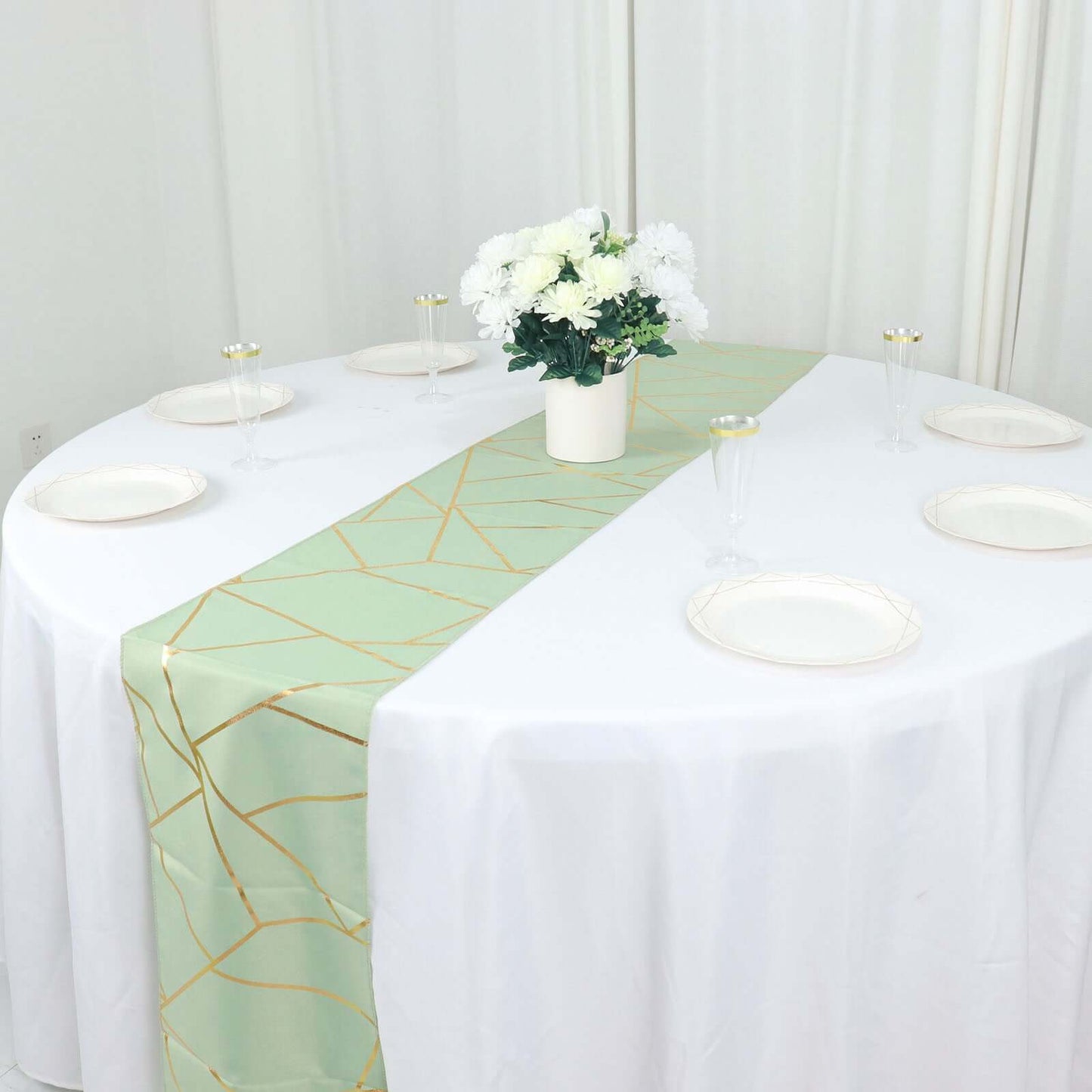 Polyester 9ft Table Runner Sage Green with Gold Foil Modern Geometric Accent