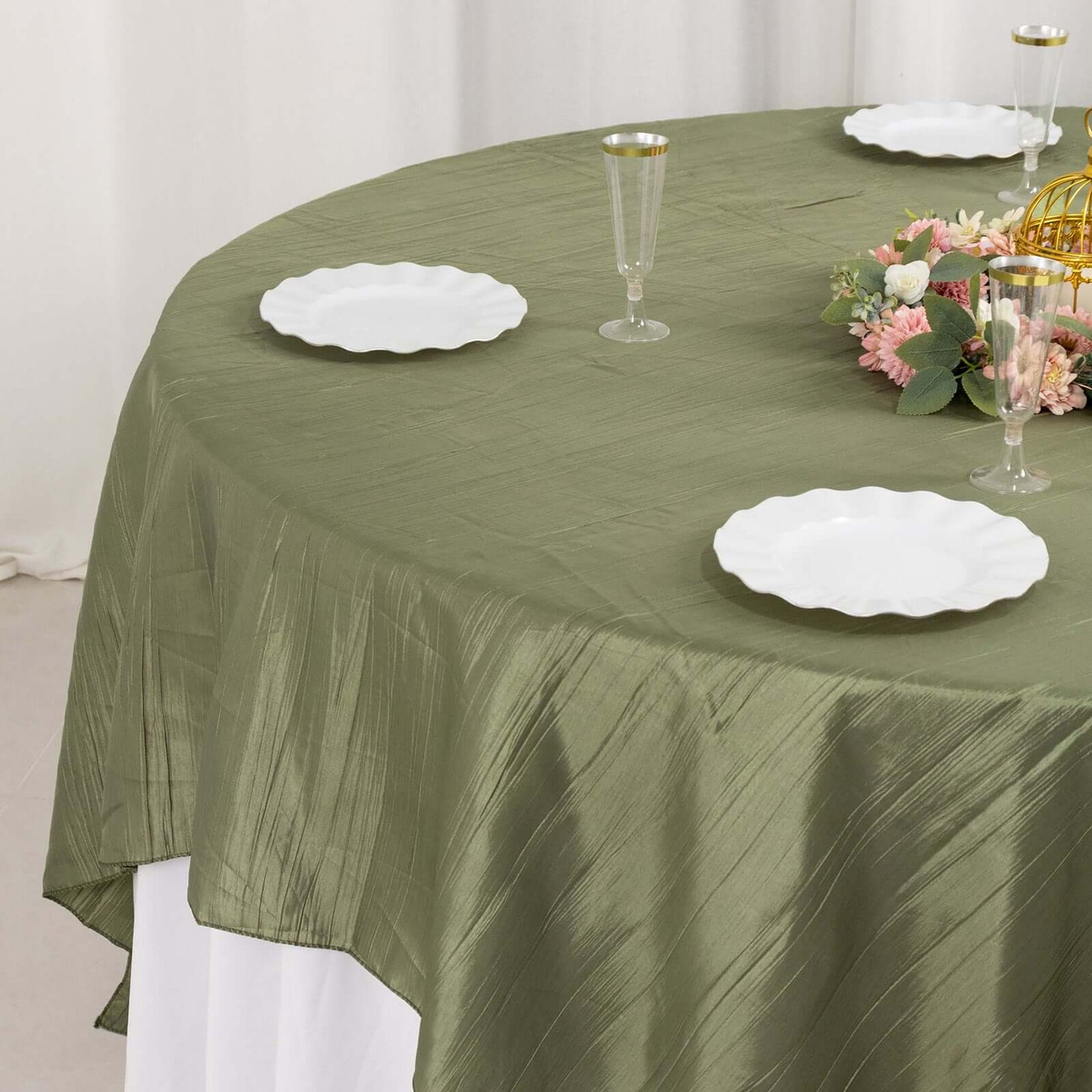 Taffeta 90"x90" Table Overlay Square Tablecloth Dusty Sage Green - Accordion Crinkle Table Cover