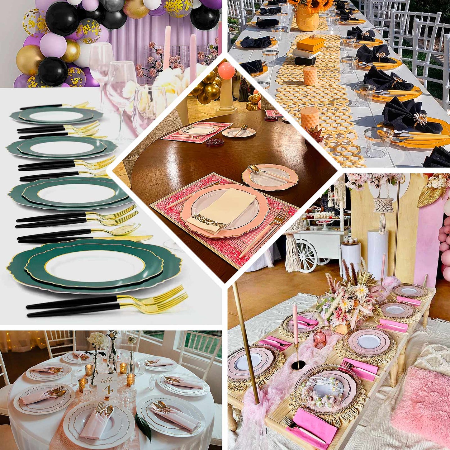 10-Pack Plastic 8" Round Dessert Plates in White with Hunter Emerald Green Blossom Design & Gold Edging - Disposable Salad Appetizer Plates