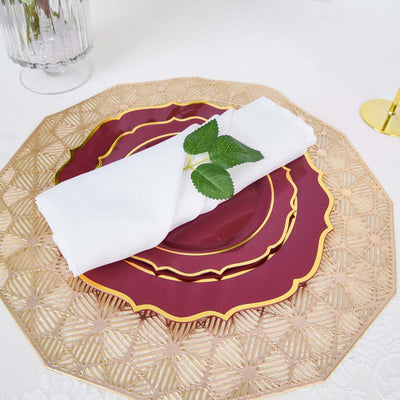 10-Pack Plastic 8" Round Dessert Plates in Burgundy with Gold Scalloped Rim - Disposable Appetizer/Salad Plates