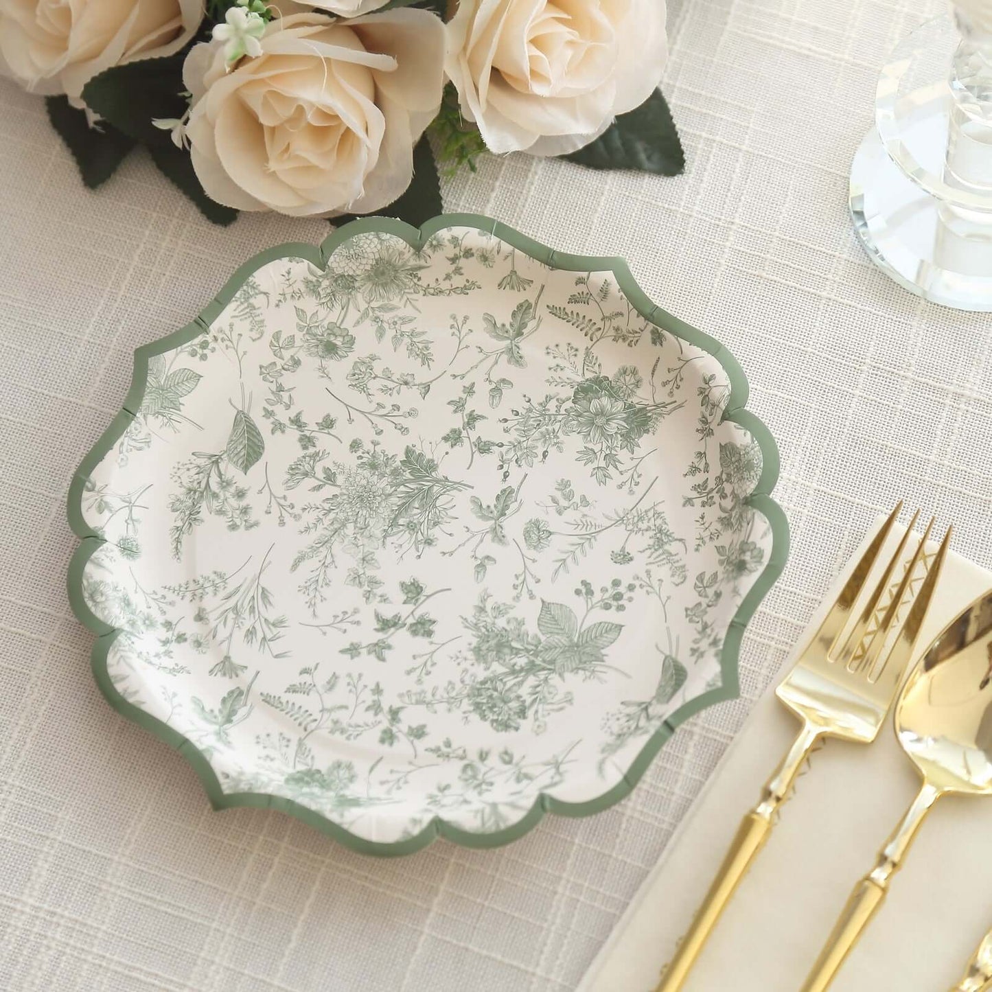 25-Pack Paper 8" Dessert Plates in White with Sage Green French Toile Design & Scalloped Rim - Disposable 300GSM Salad Appetizer Plates for Stylish Table Decor