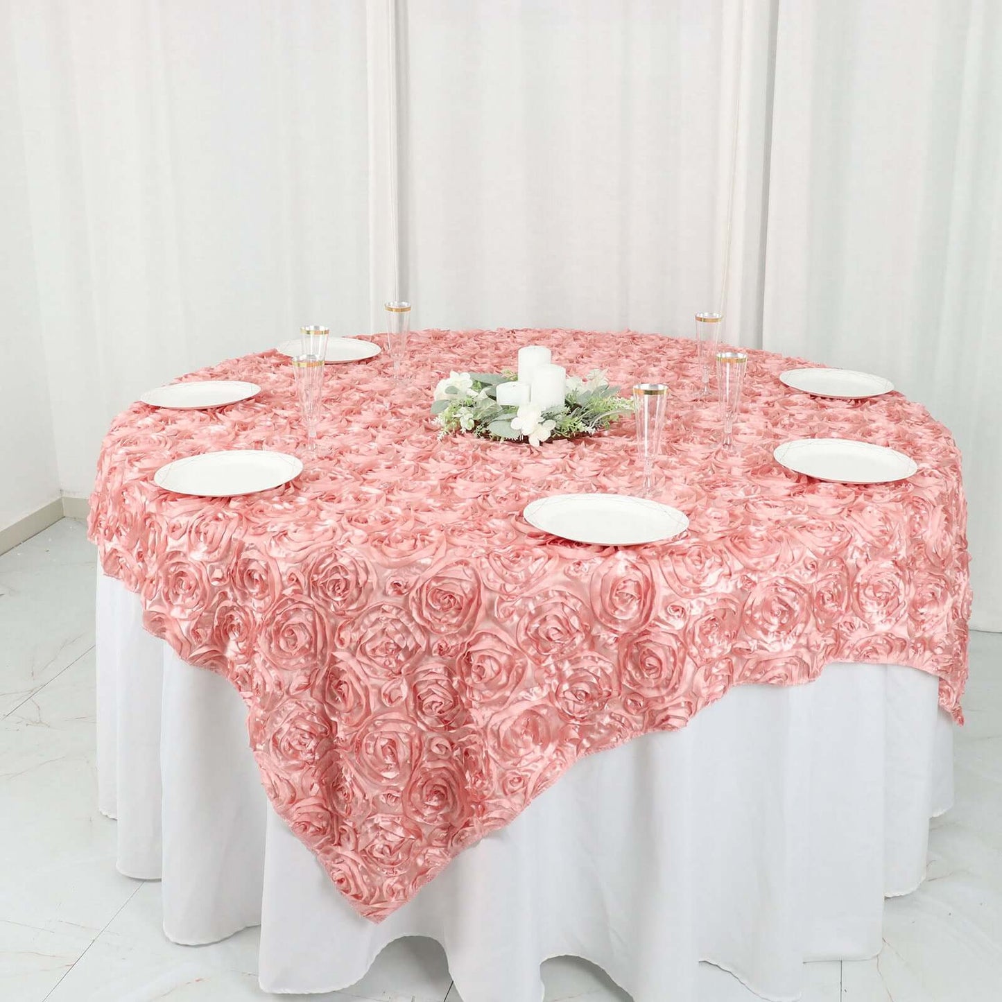 Satin 72"x72" Table Overlay Square Tablecloth Dust Rose - 3D Rosette Table Cover