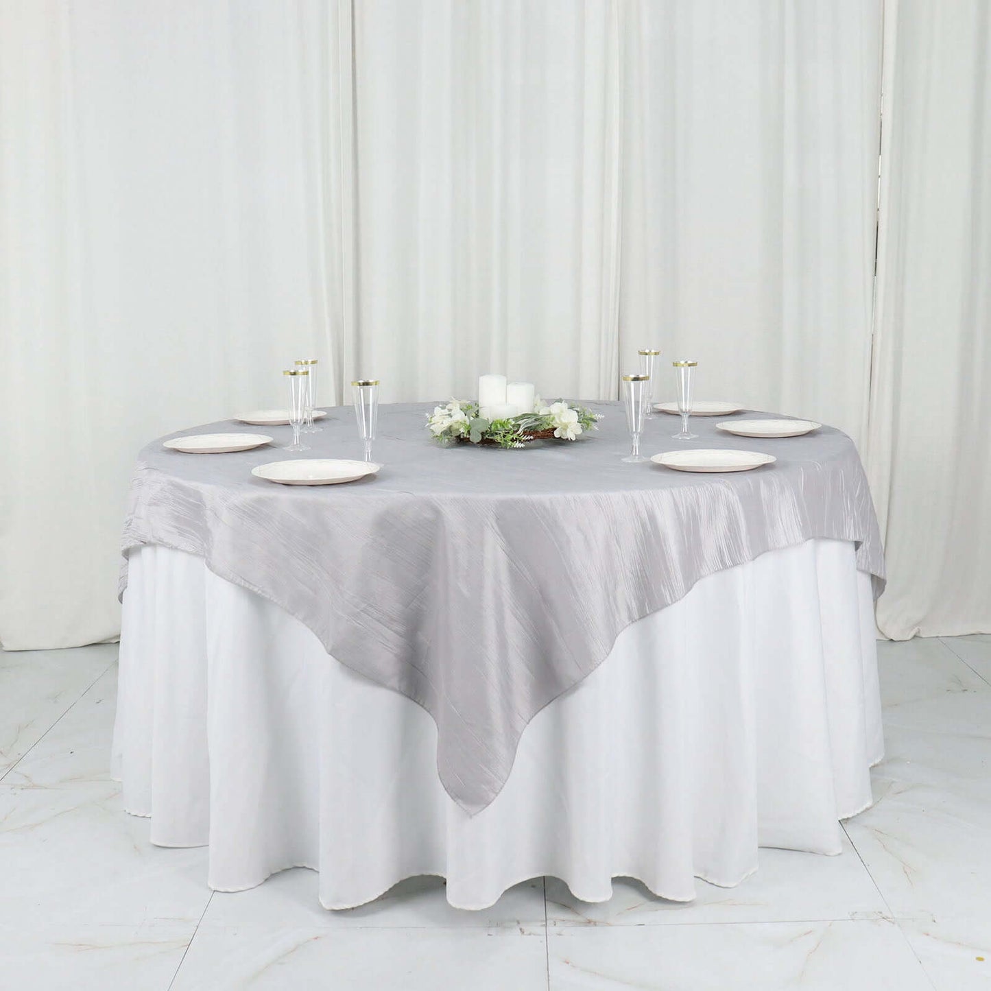 Taffeta 72"x72" Table Overlay Square Tablecloth Silver - Accordion Crinkle Table Cover