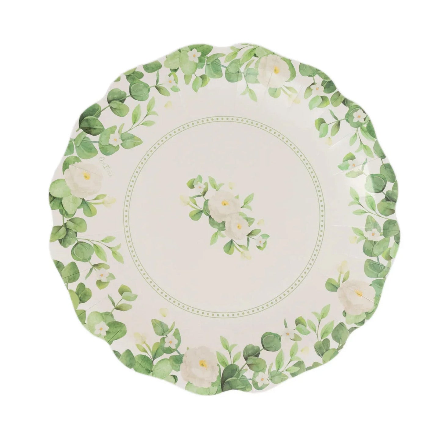 25-Pack Paper 11" Round Dinner Plates in White with Floral Greenery & Scalloped Edges - Disposable Party Plates for Nature-Inspired Events & Chic Celebrations