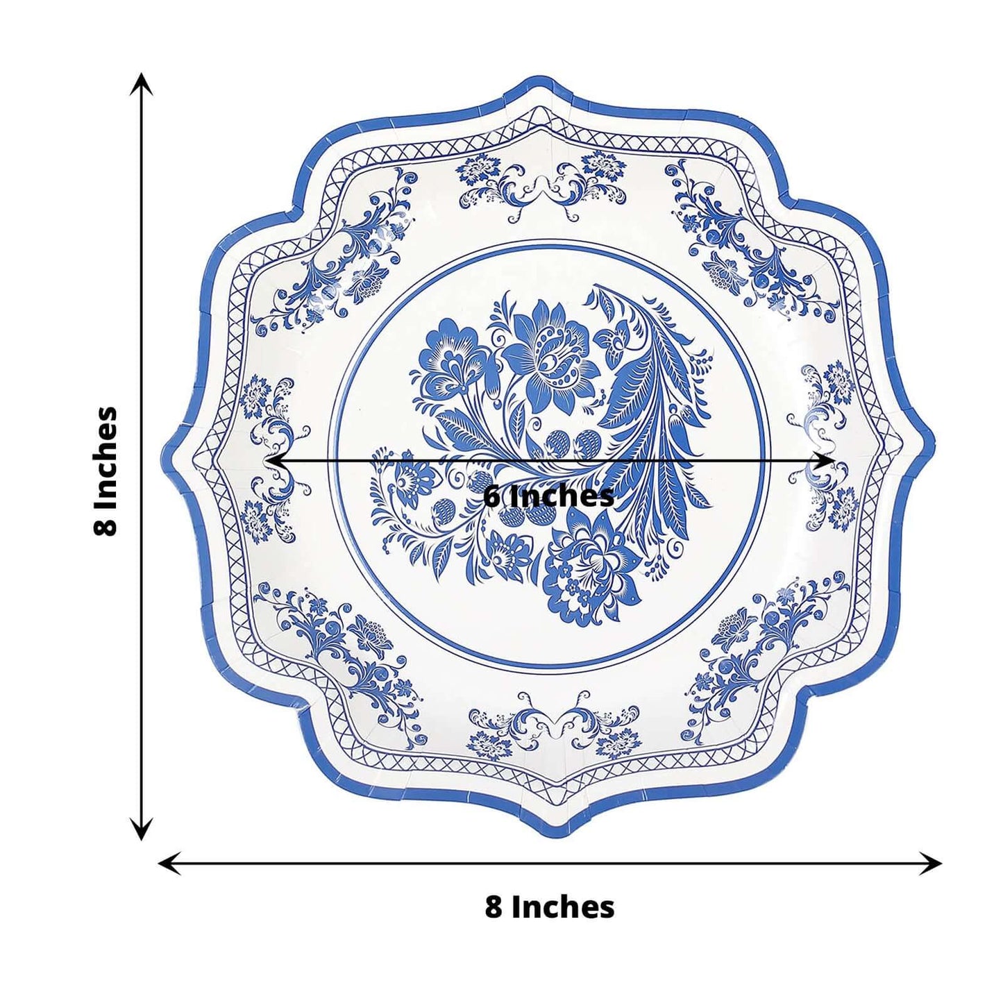 25-Pack Paper Dessert Plates in White with Light Blue Damask Floral Print & Scallop Rim - Stylish Disposable 300GSM Floral Salad Appetizer Plates 8"