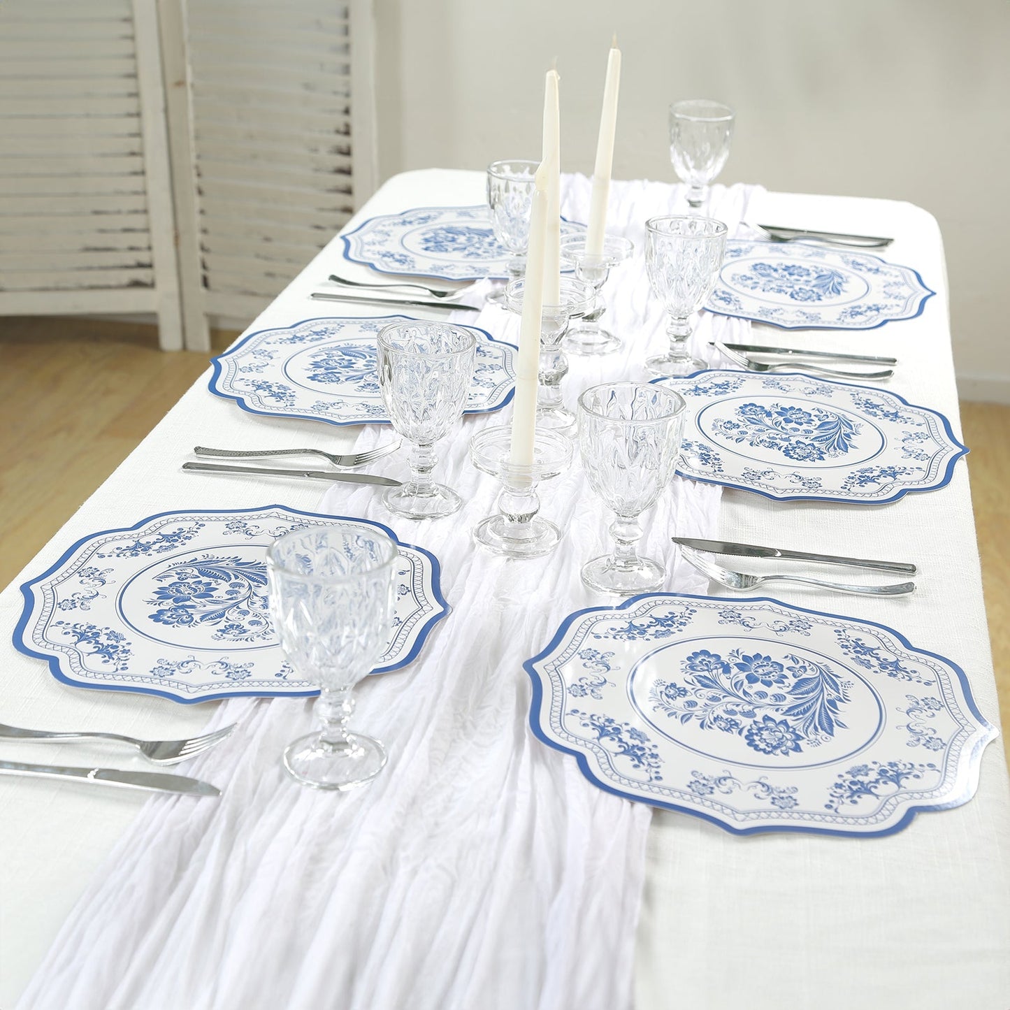 10 Pack Cardboard Paper Table Mats with White Royal Blue Damask Floral Pattern, 13" Round Disposable Placemats with Scalloped Rim - 400 GSM
